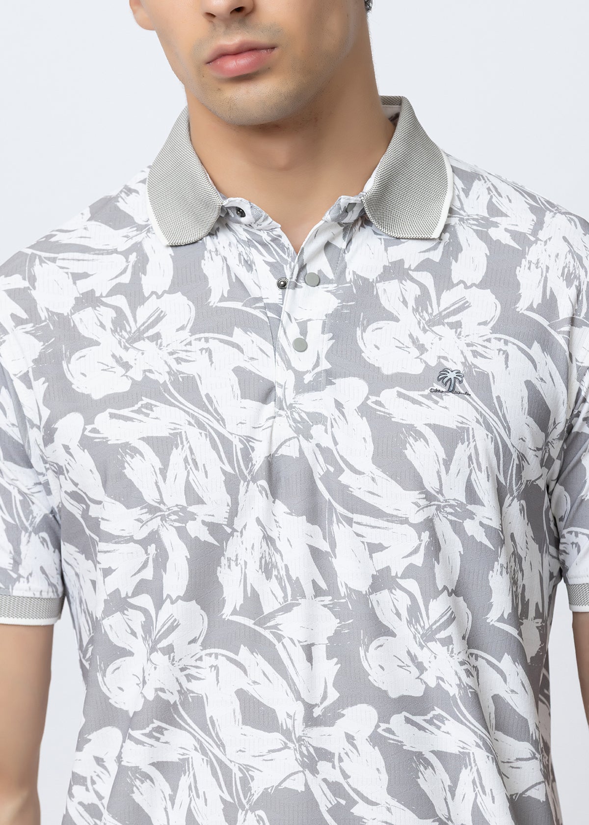 Grey Floral Printed Polo T-Shirt