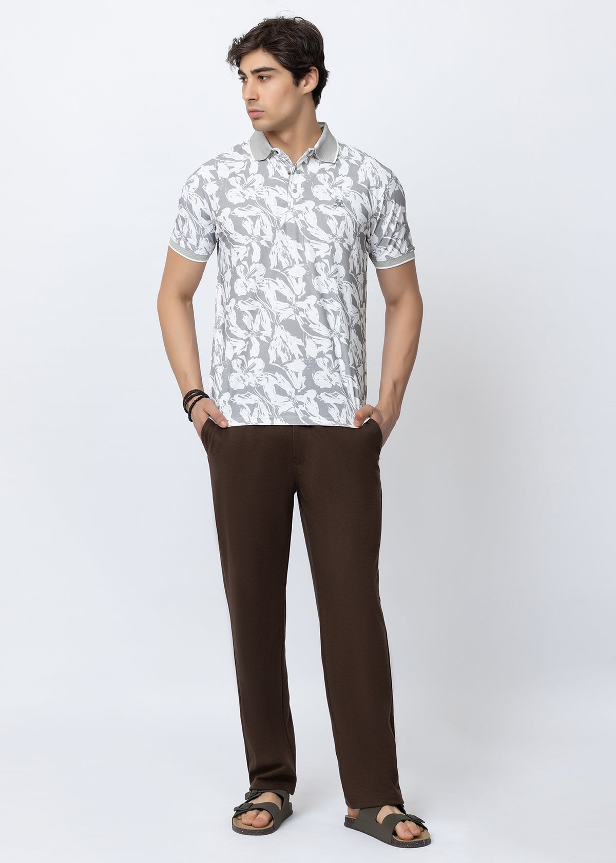 Grey Floral Printed Polo T-Shirt