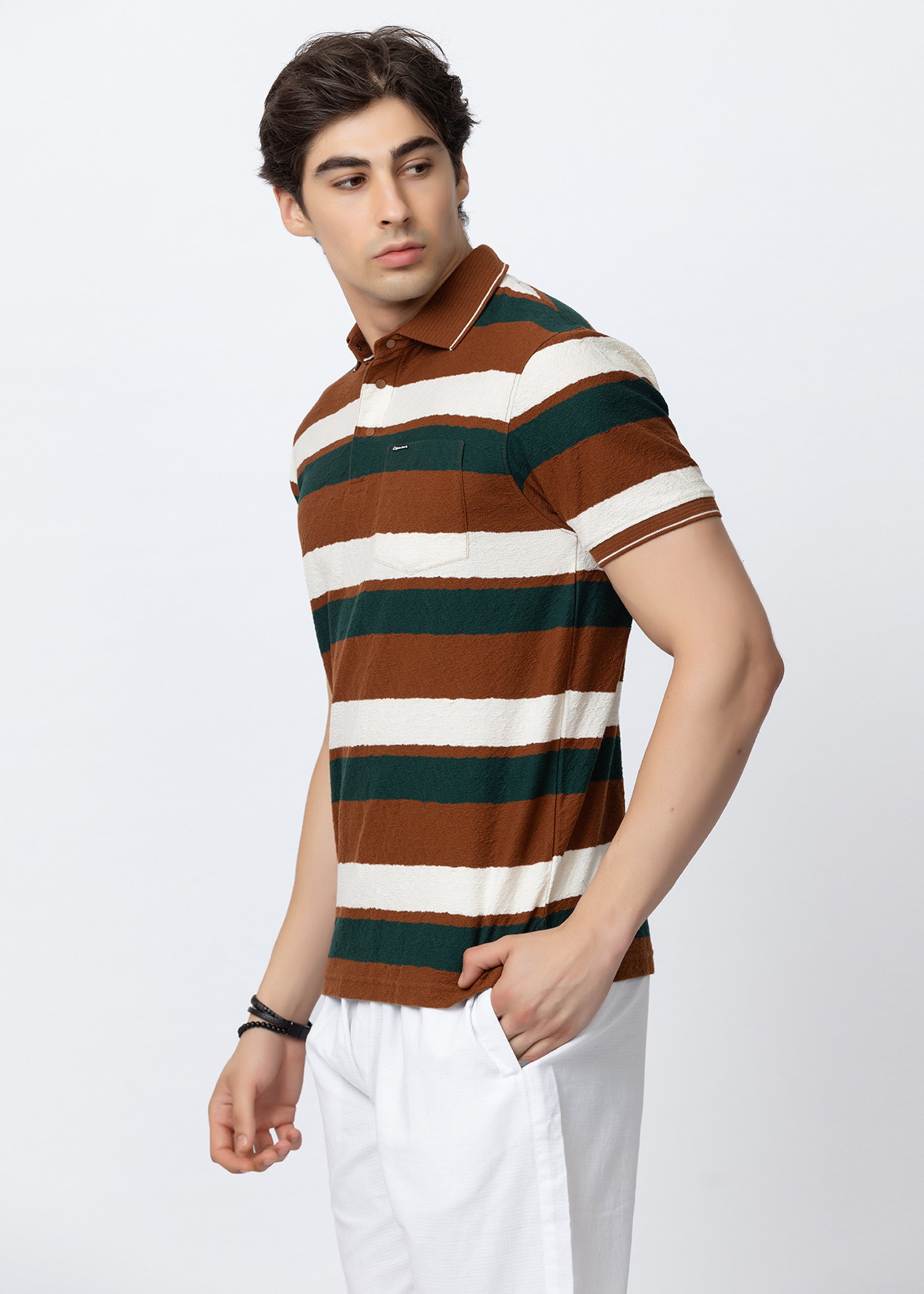 Rust Textured Multi-Striped Polo T-Shirt