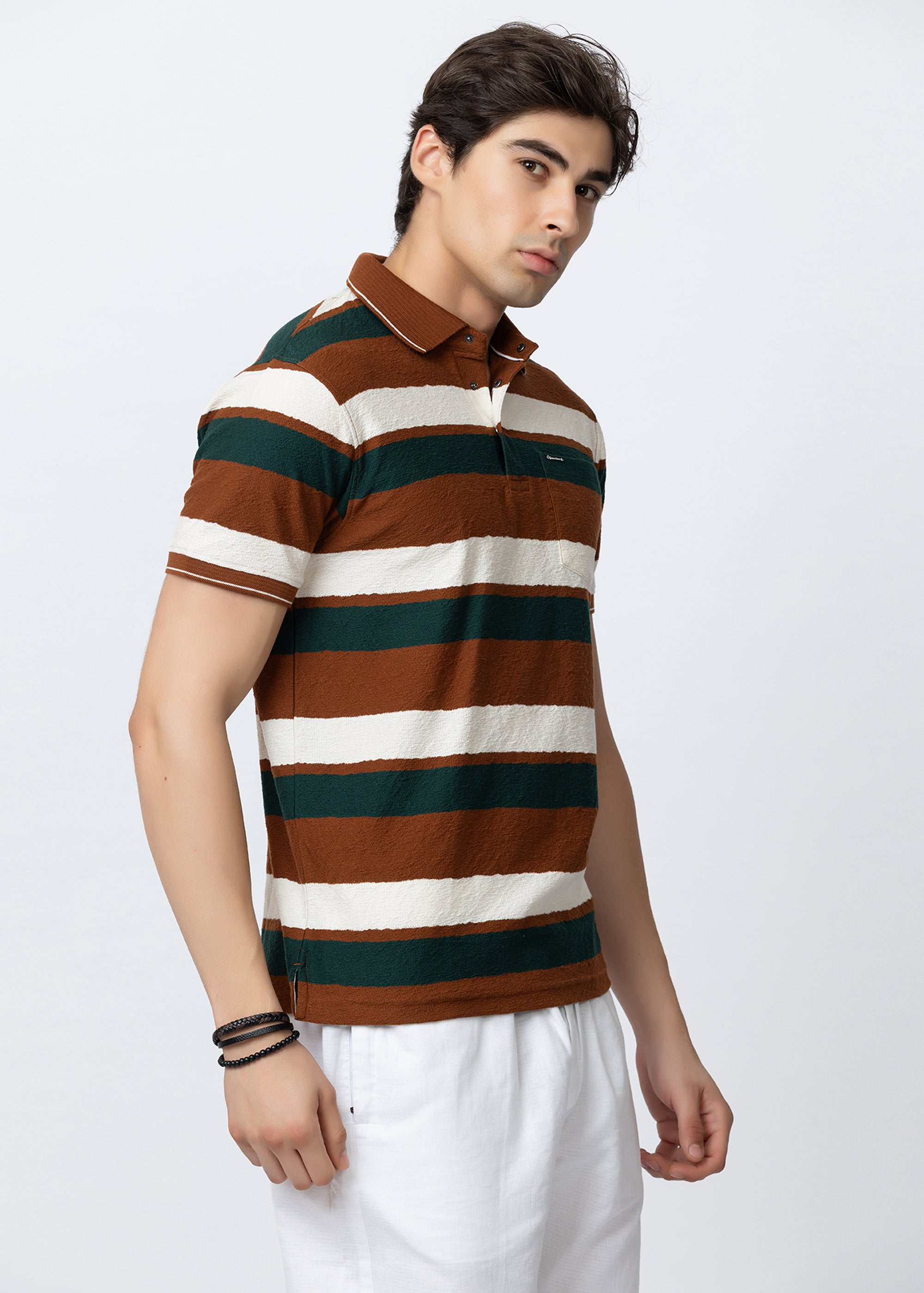 Rust Textured Multi-Striped Polo T-Shirt