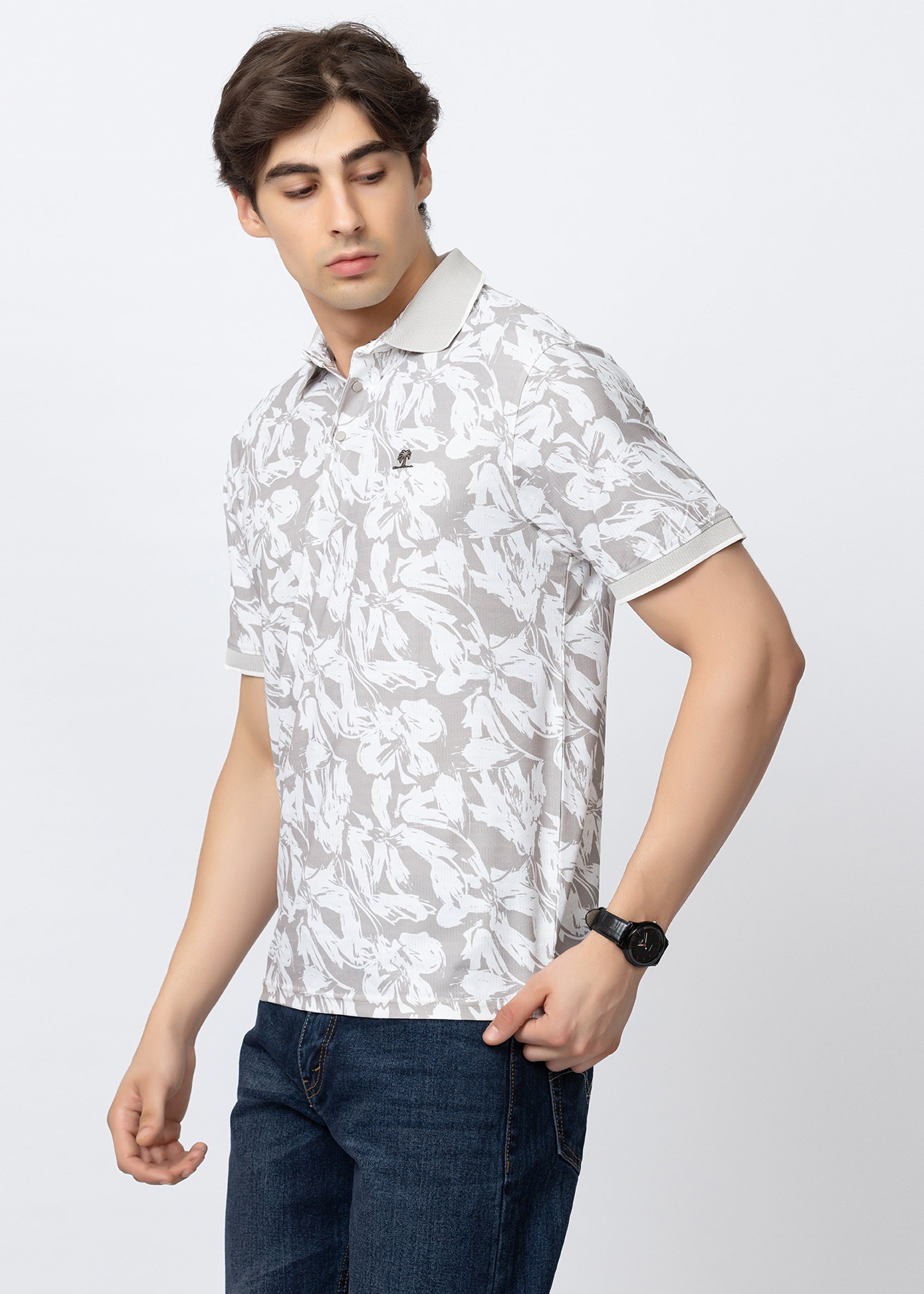 Beige Tropical Printed Polo T-Shirt