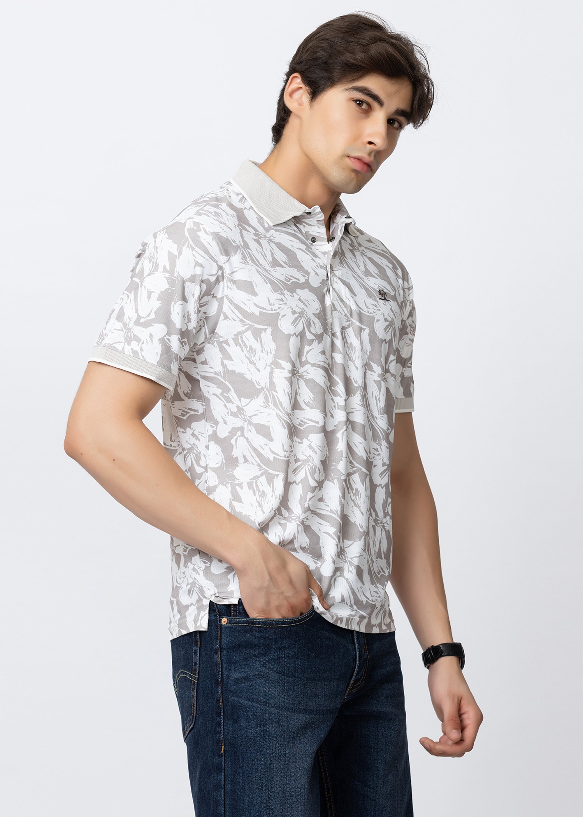 Beige Tropical Printed Polo T-Shirt