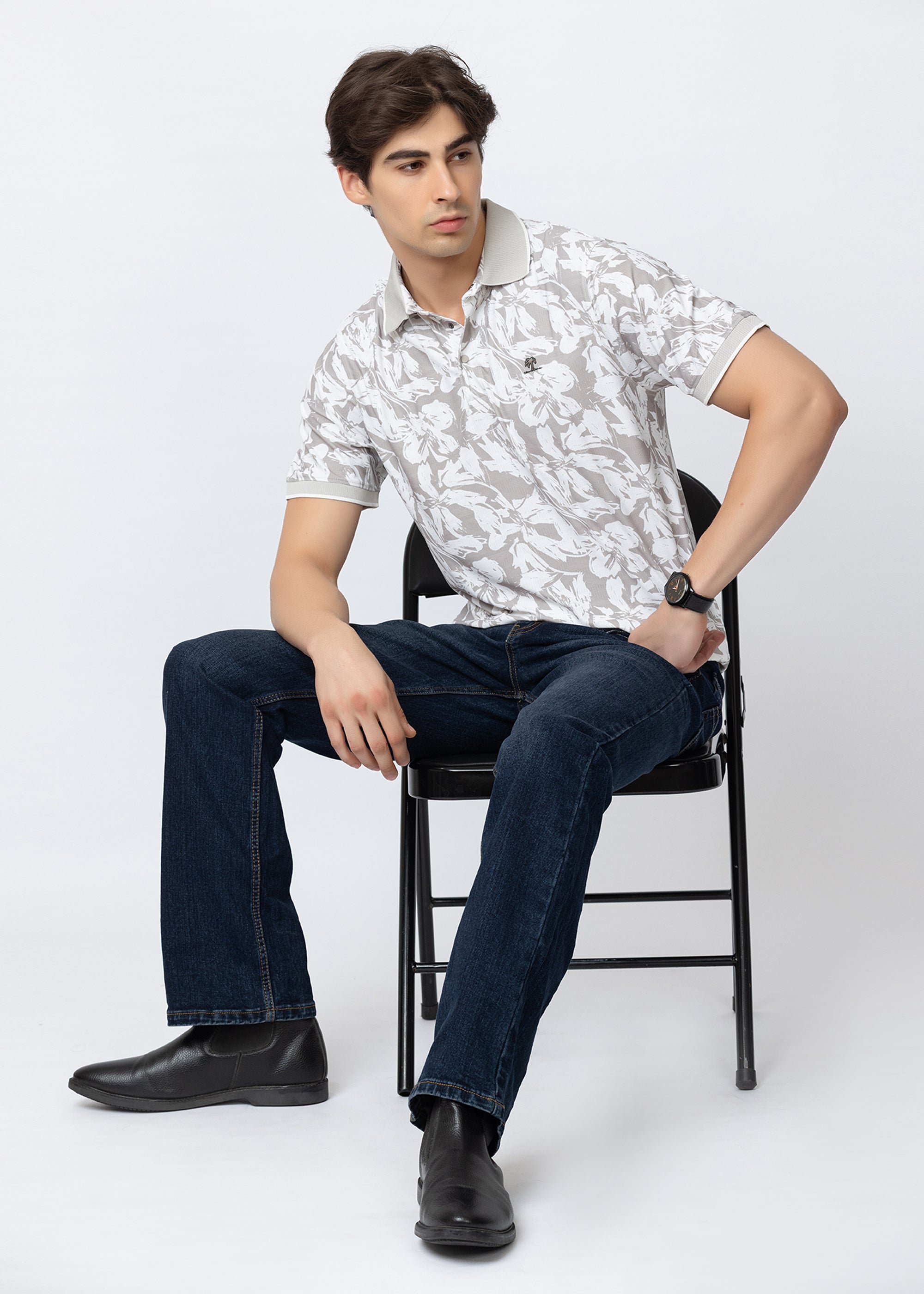 Beige Tropical Printed Polo T-Shirt