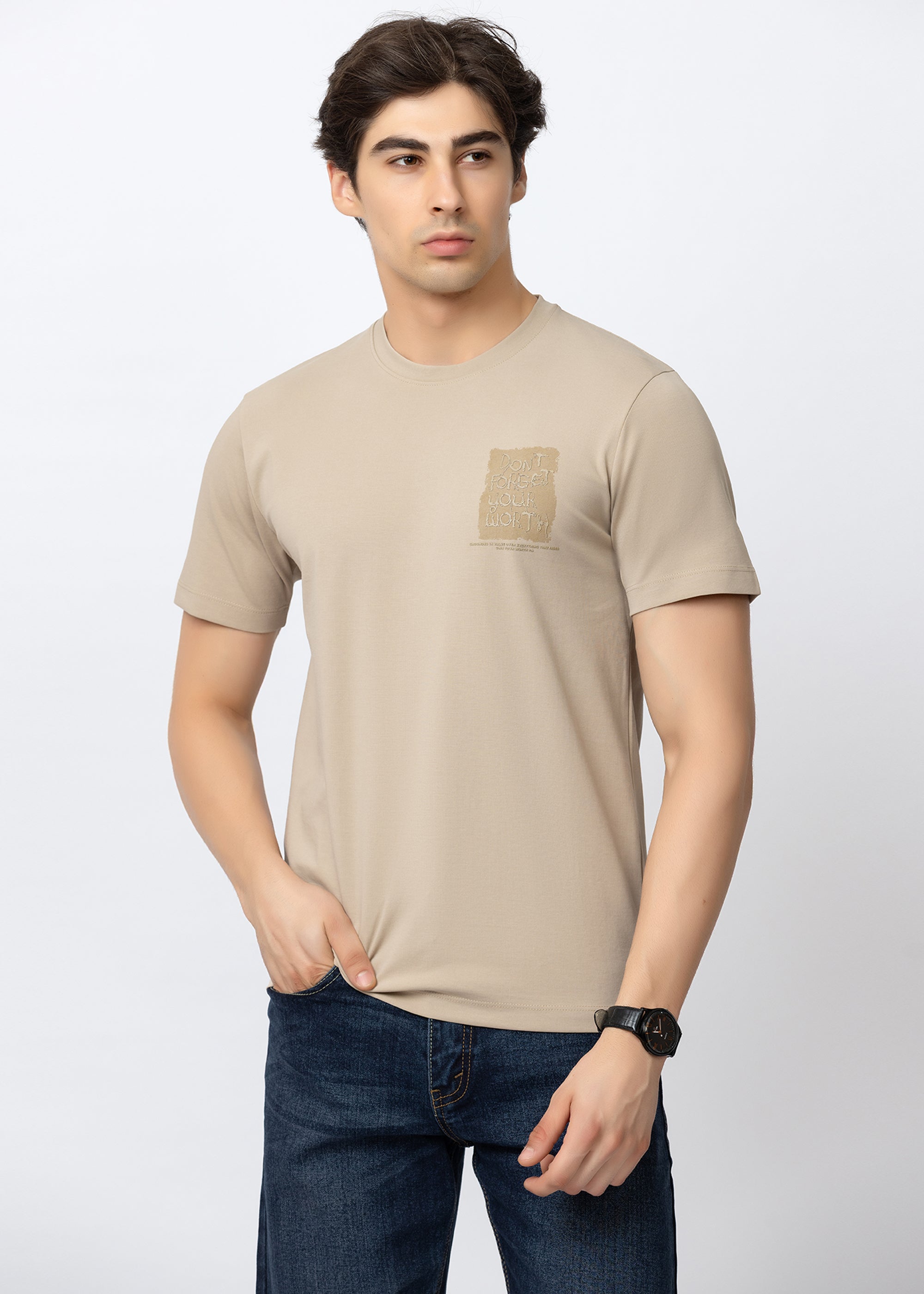 Beige Graphic Crew Neck T-Shirt