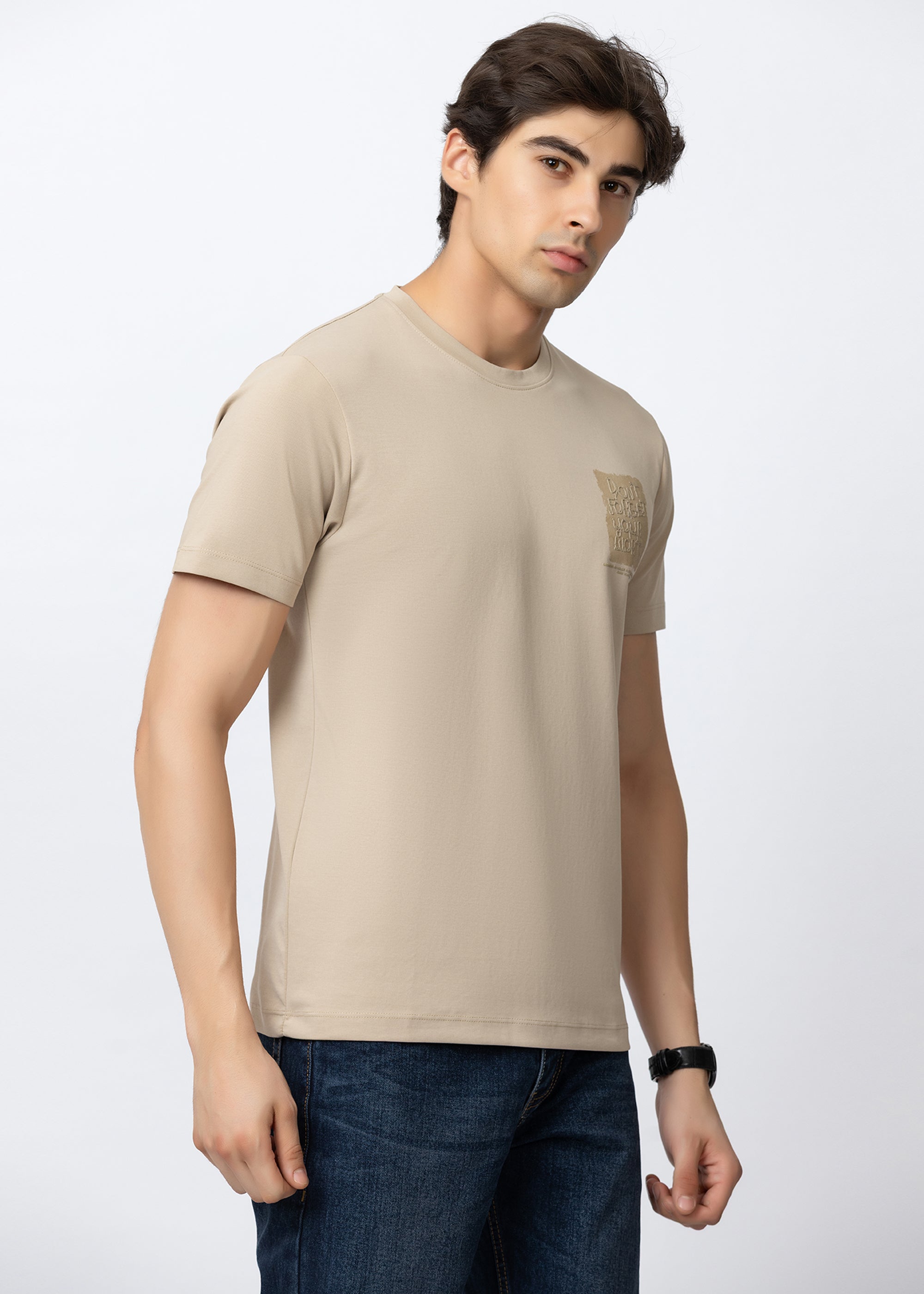Beige Graphic Crew Neck T-Shirt