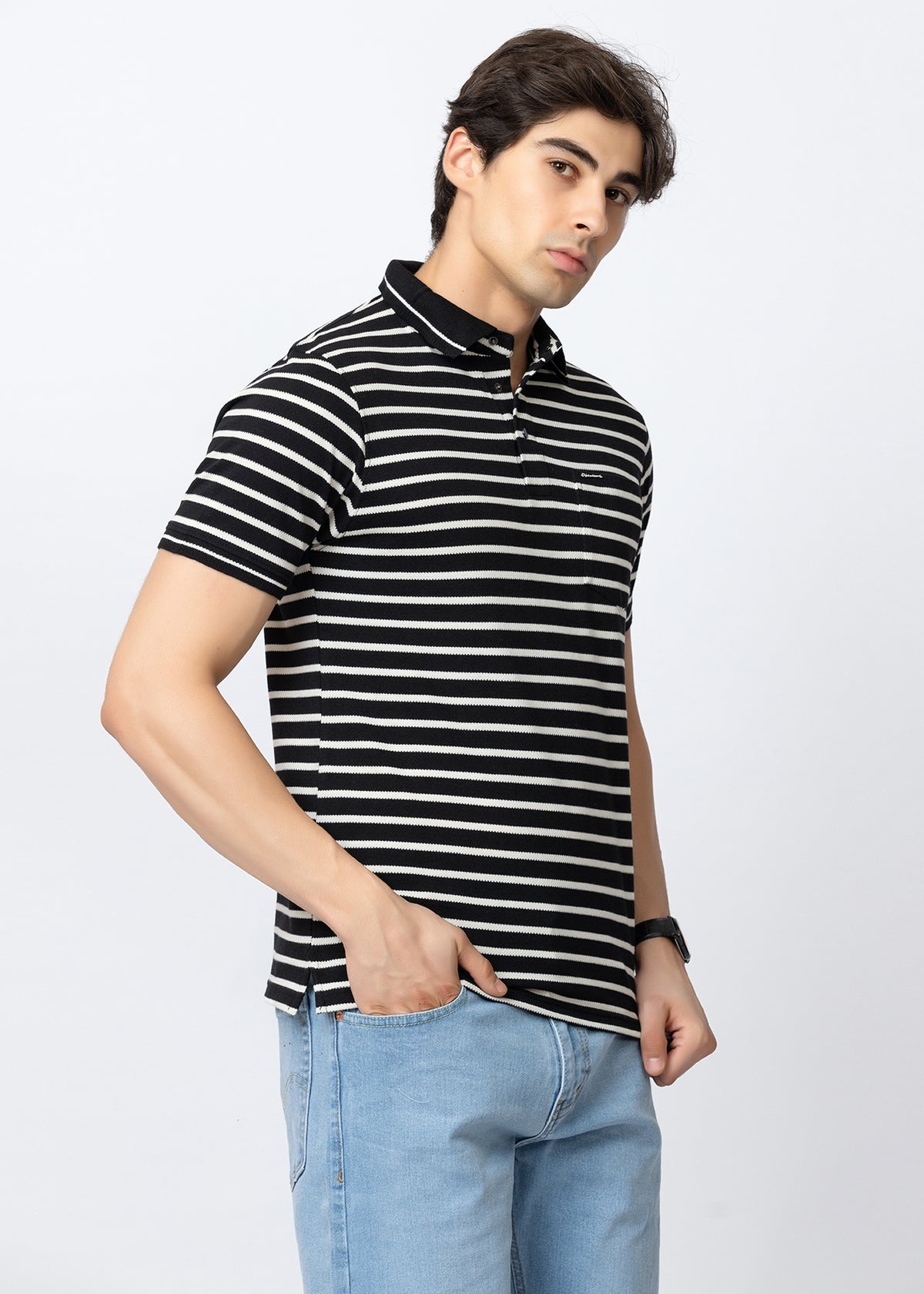 Black Classic Striped Cotton Polo T-Shirt