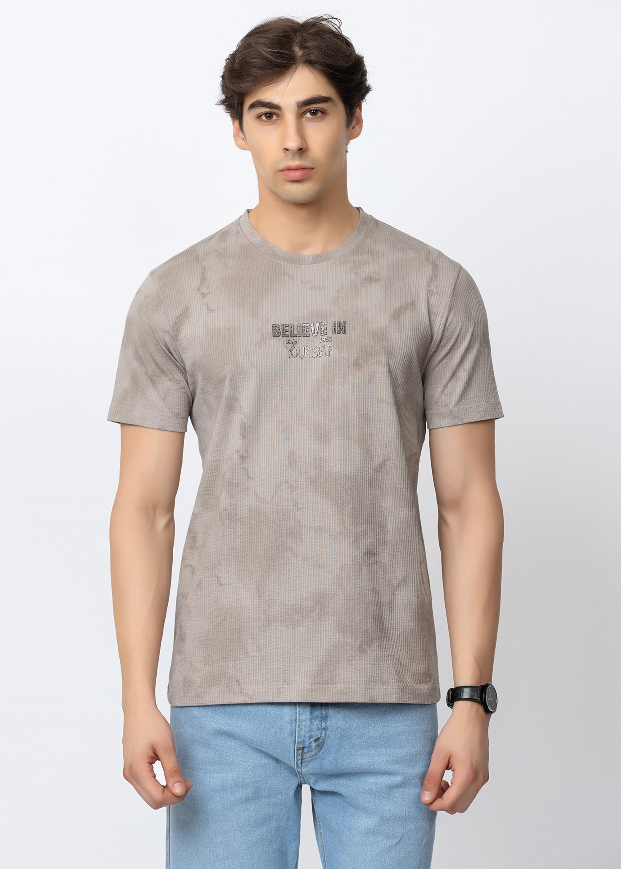 Grey Textured Tie-Dye Crew Neck T-Shirt