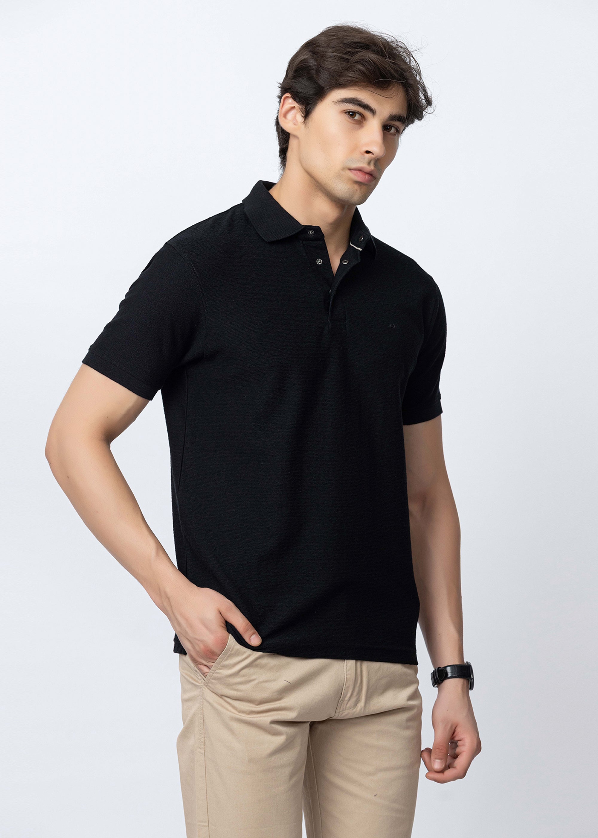 Black Textured Cotton Polo T-Shirt