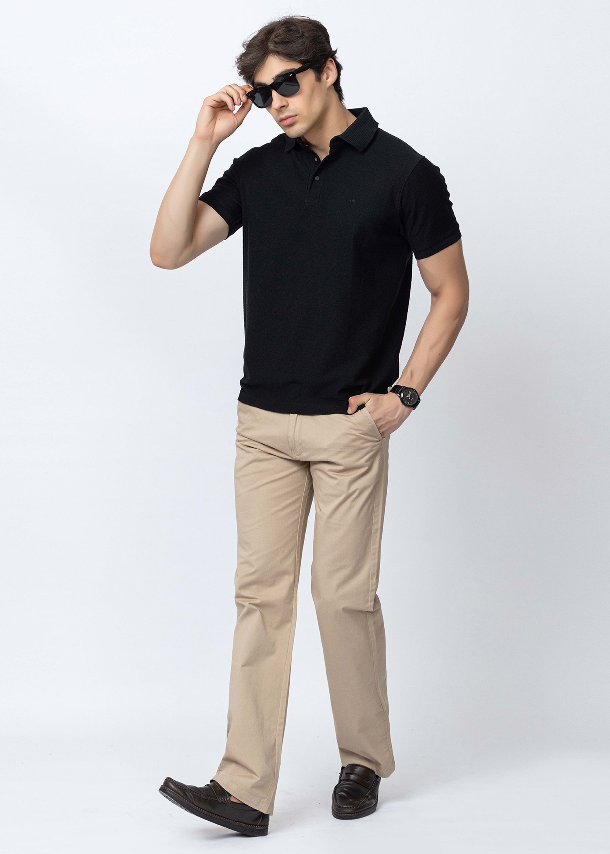 Black Textured Cotton Polo T-Shirt
