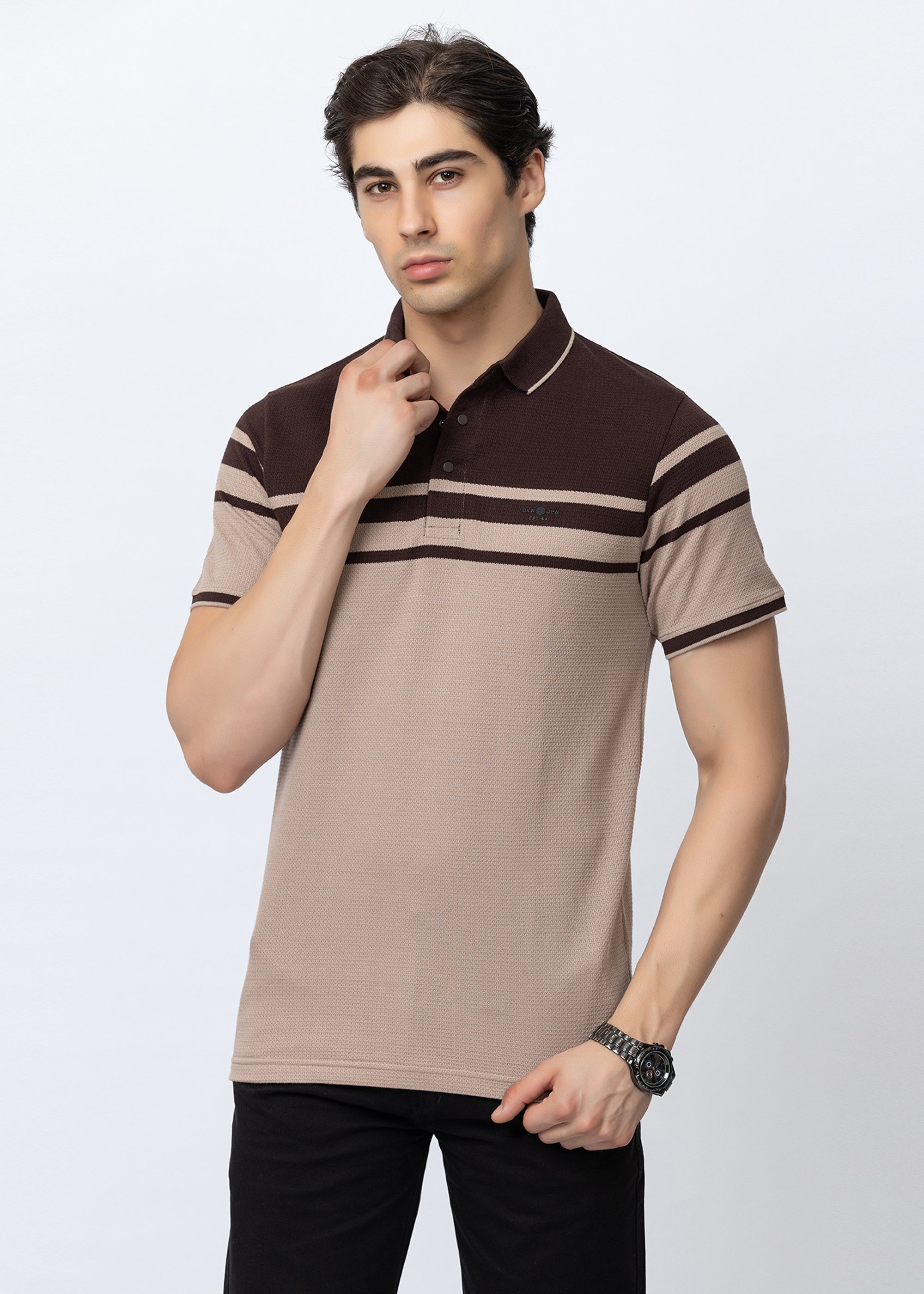 COFFEE Contrast Stripe Knit Polo Shirt