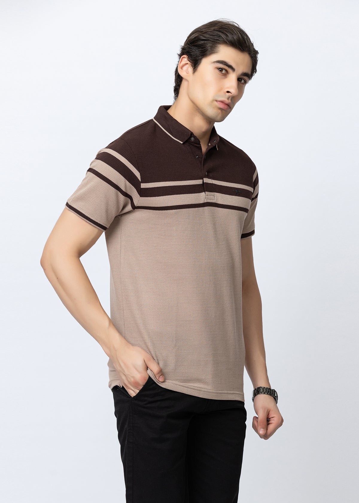 COFFEE Contrast Stripe Knit Polo Shirt