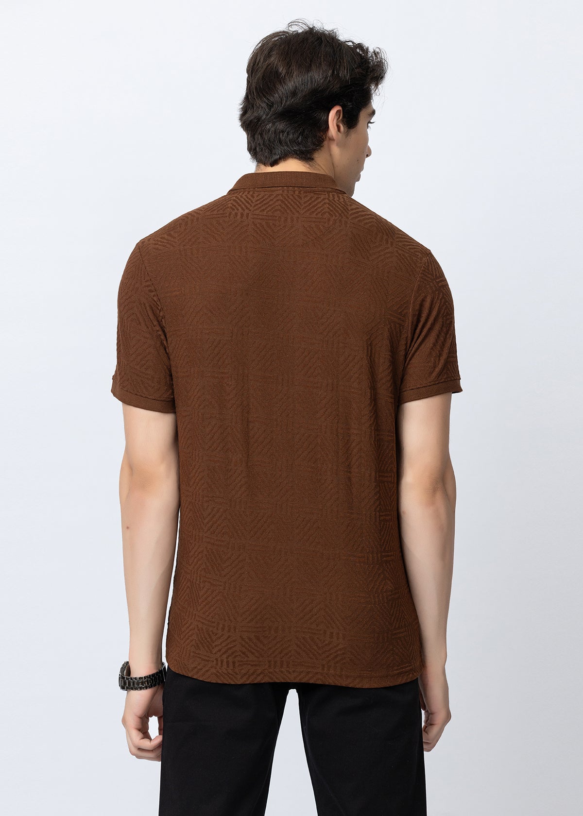 Mens Tan Textured Geometric Zip-Neck Polo T-Shirt