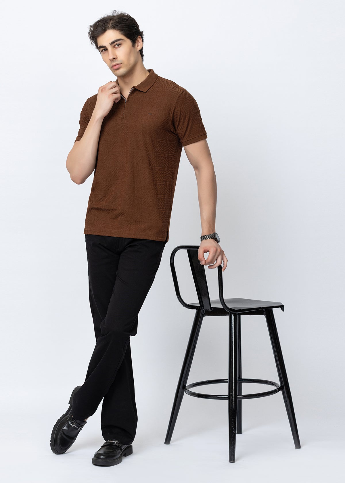 Mens Tan Textured Geometric Zip-Neck Polo T-Shirt