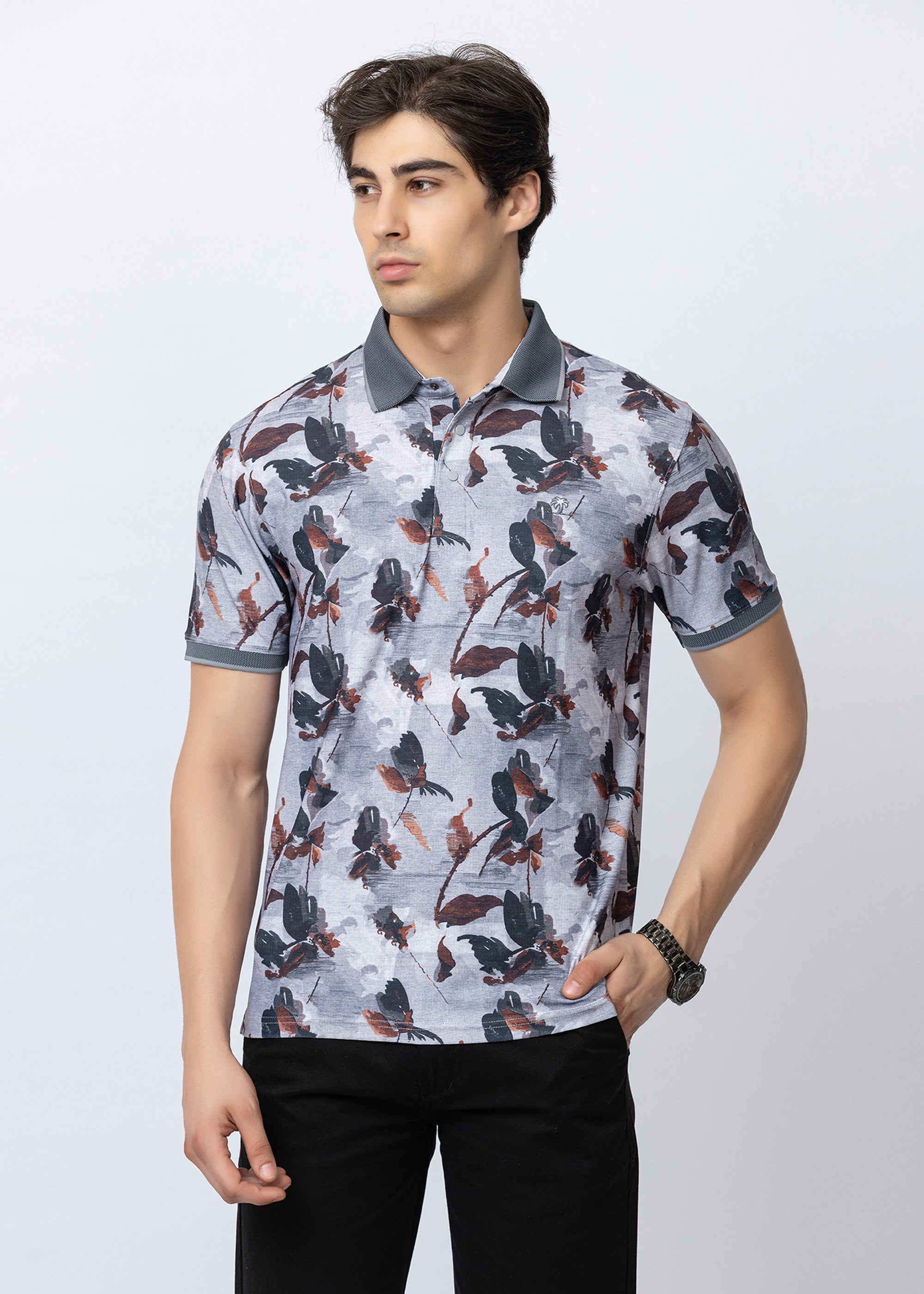 Grey Printed Botanical Polo T-Shirt