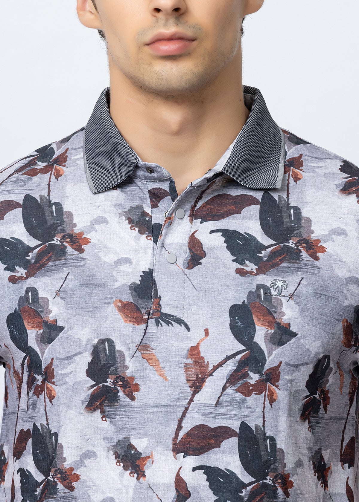 Grey Printed Botanical Polo T-Shirt