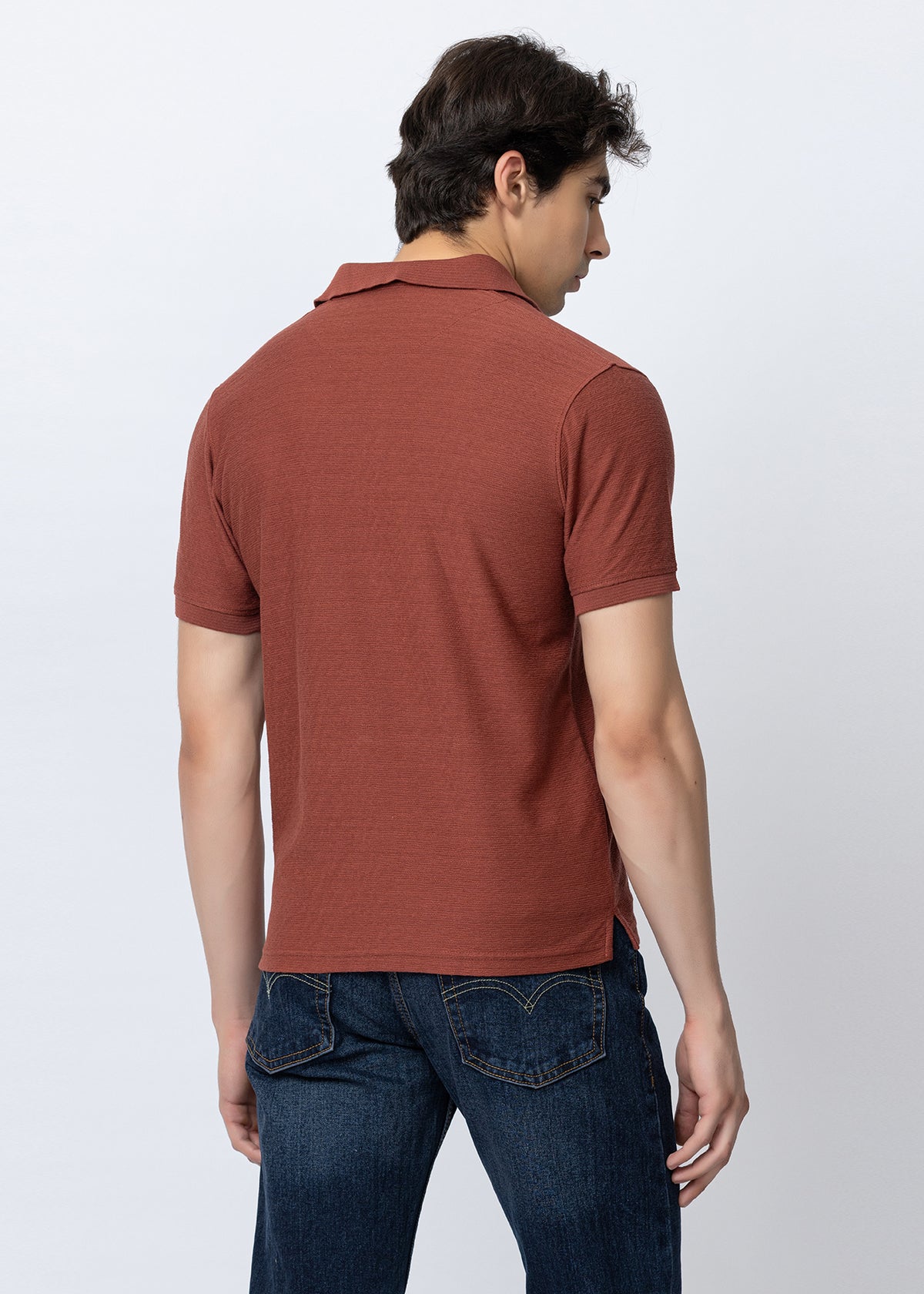 Rust Textured Cotton Polo T-Shirt
