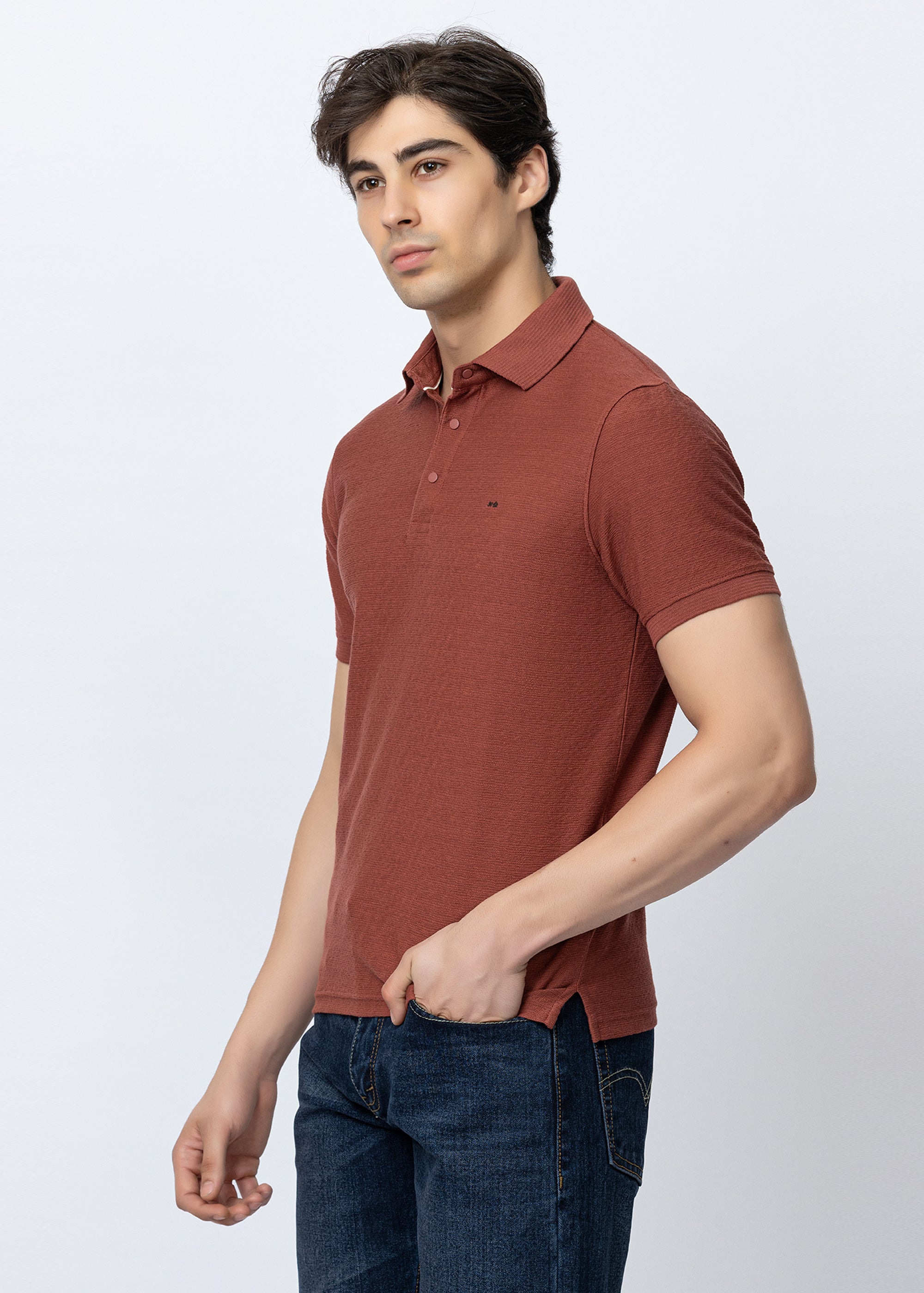 Rust Textured Cotton Polo T-Shirt