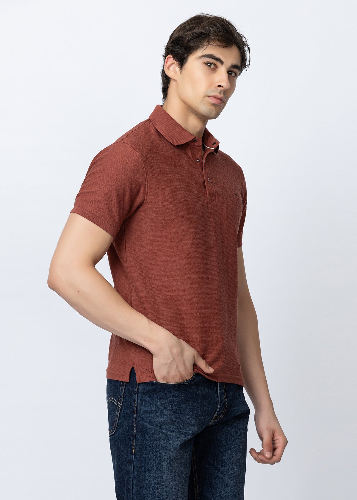 Rust Textured Cotton Polo T-Shirt