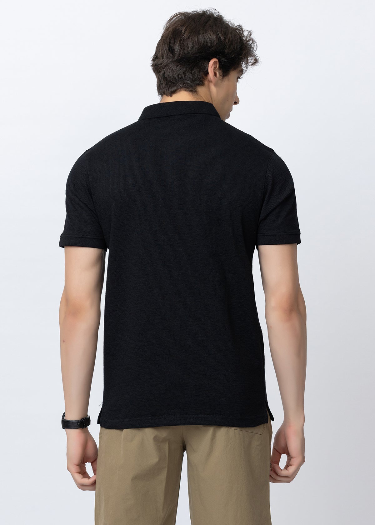 Black Solid Textured Polo T-Shirt with Chest Pocket