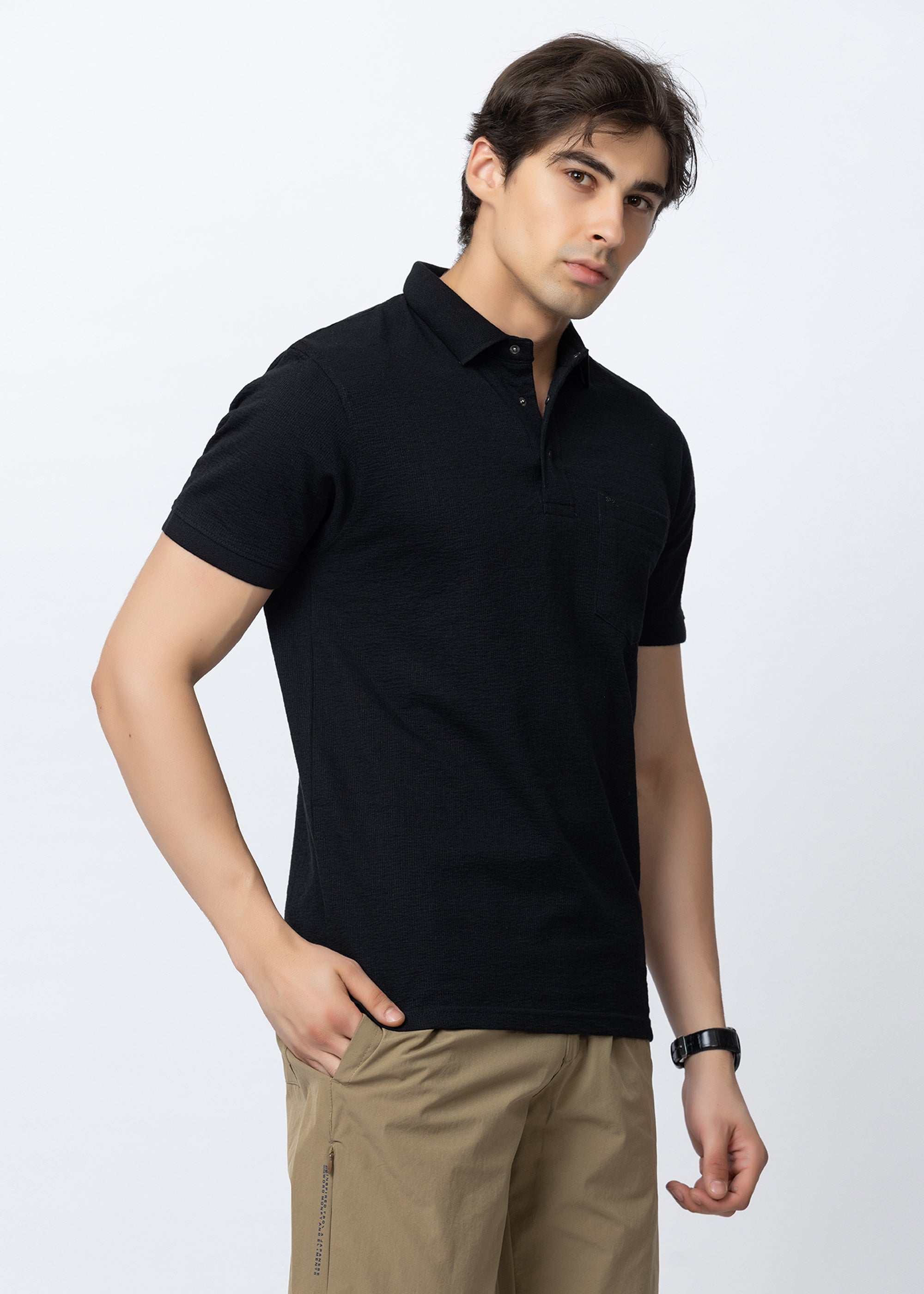 Black Solid Textured Polo T-Shirt with Chest Pocket