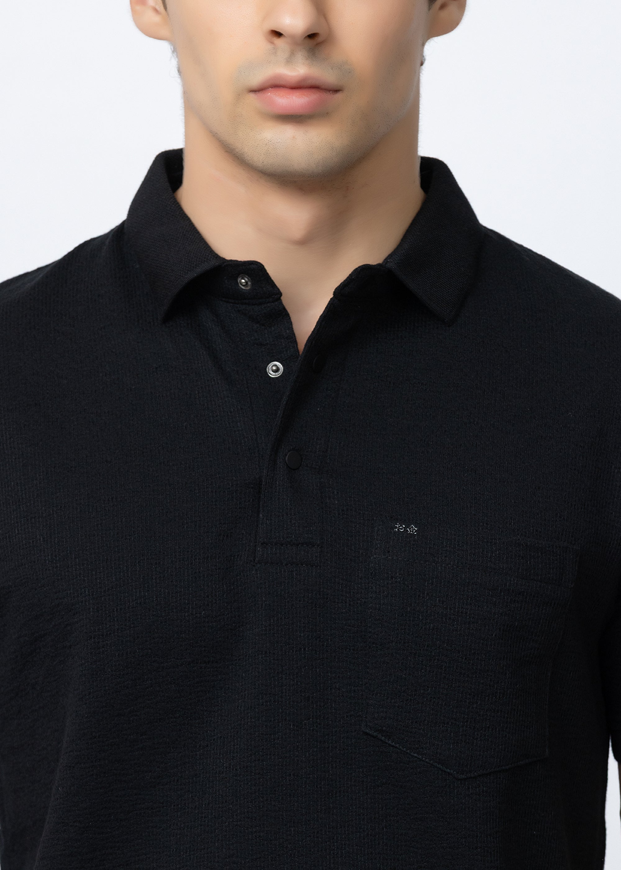 Black Solid Textured Polo T-Shirt with Chest Pocket