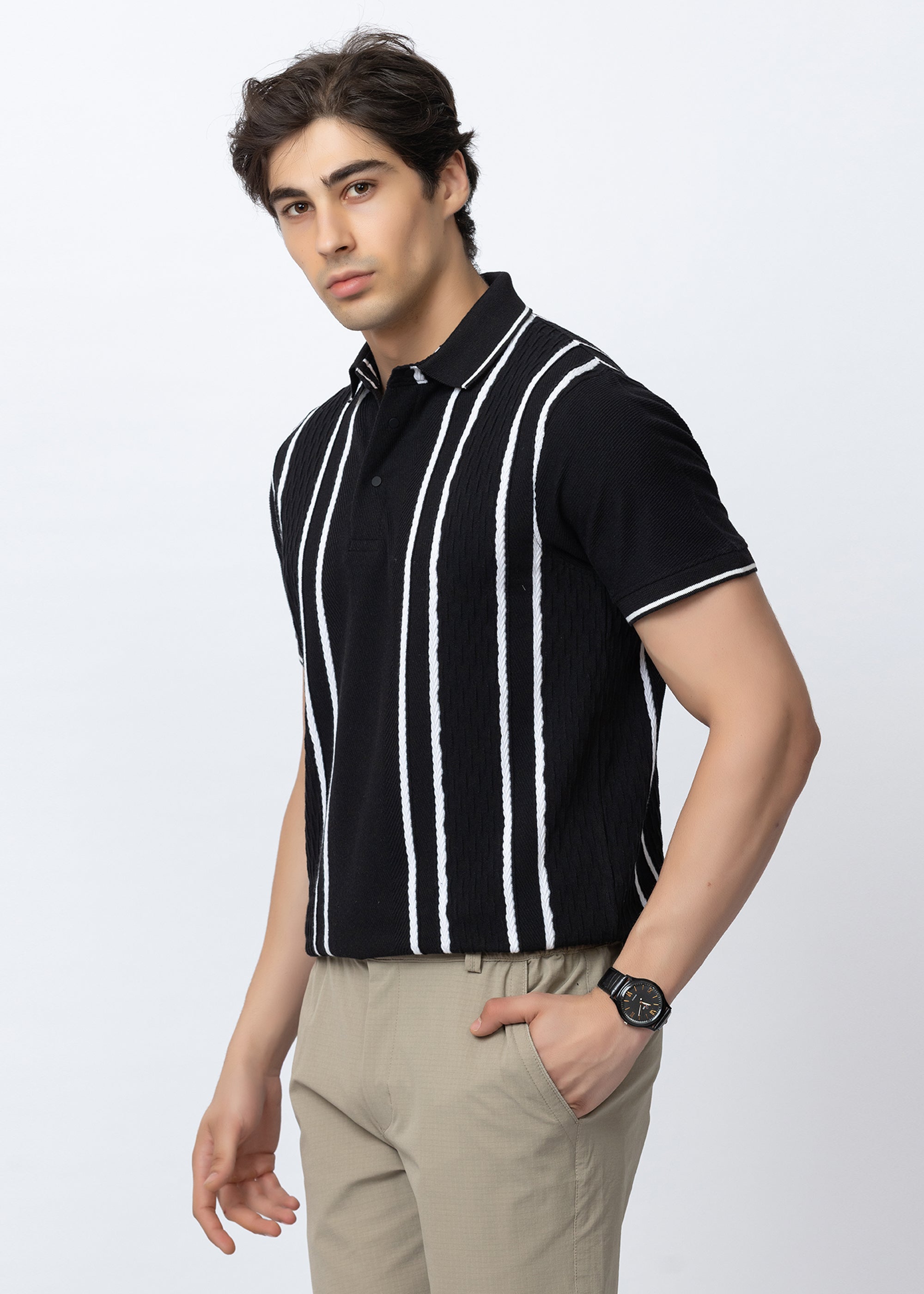 Black Vertical Striped Textured Knit Polo T-Shirt