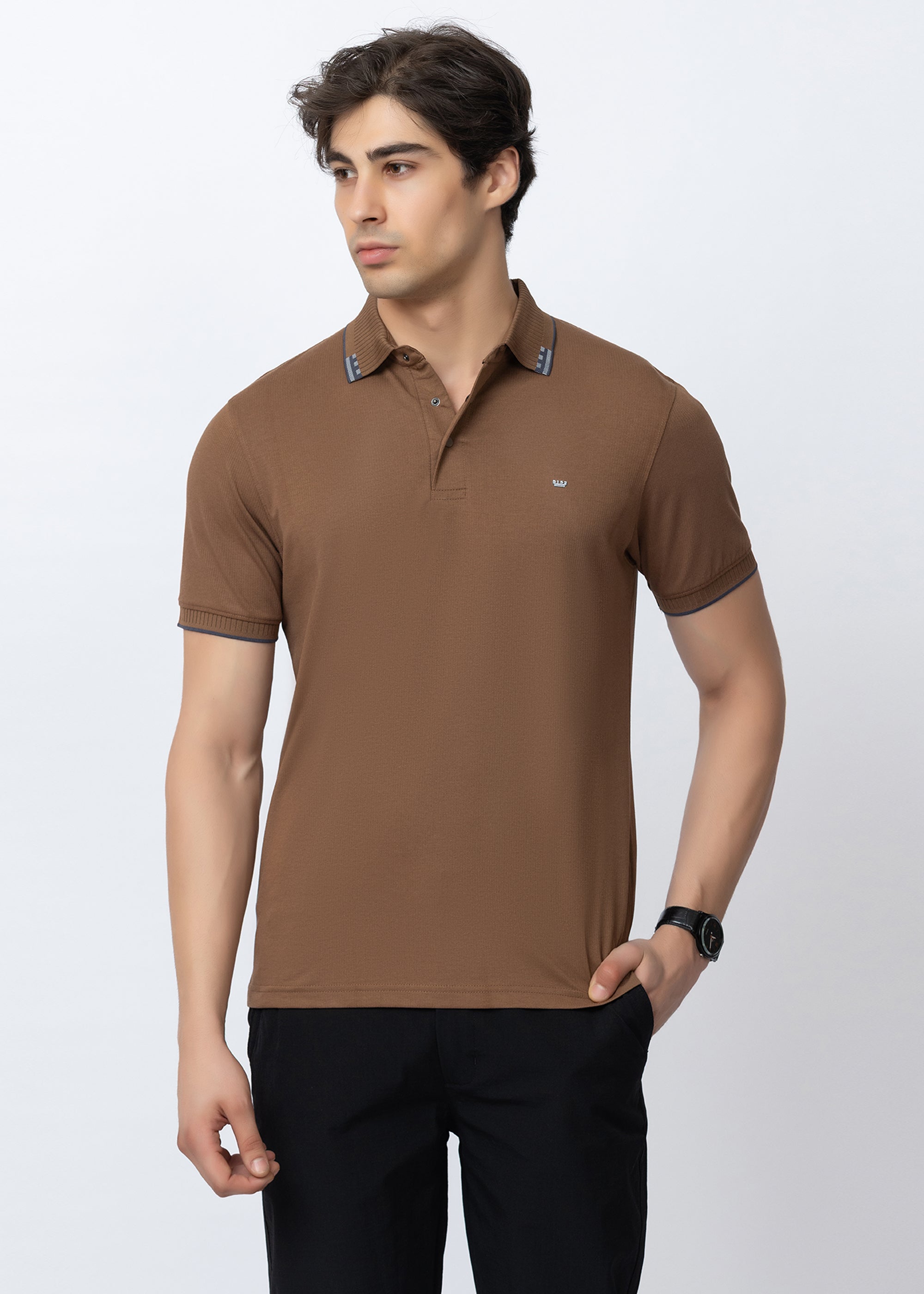 Tan Geometric Trim Polo T-Shirt