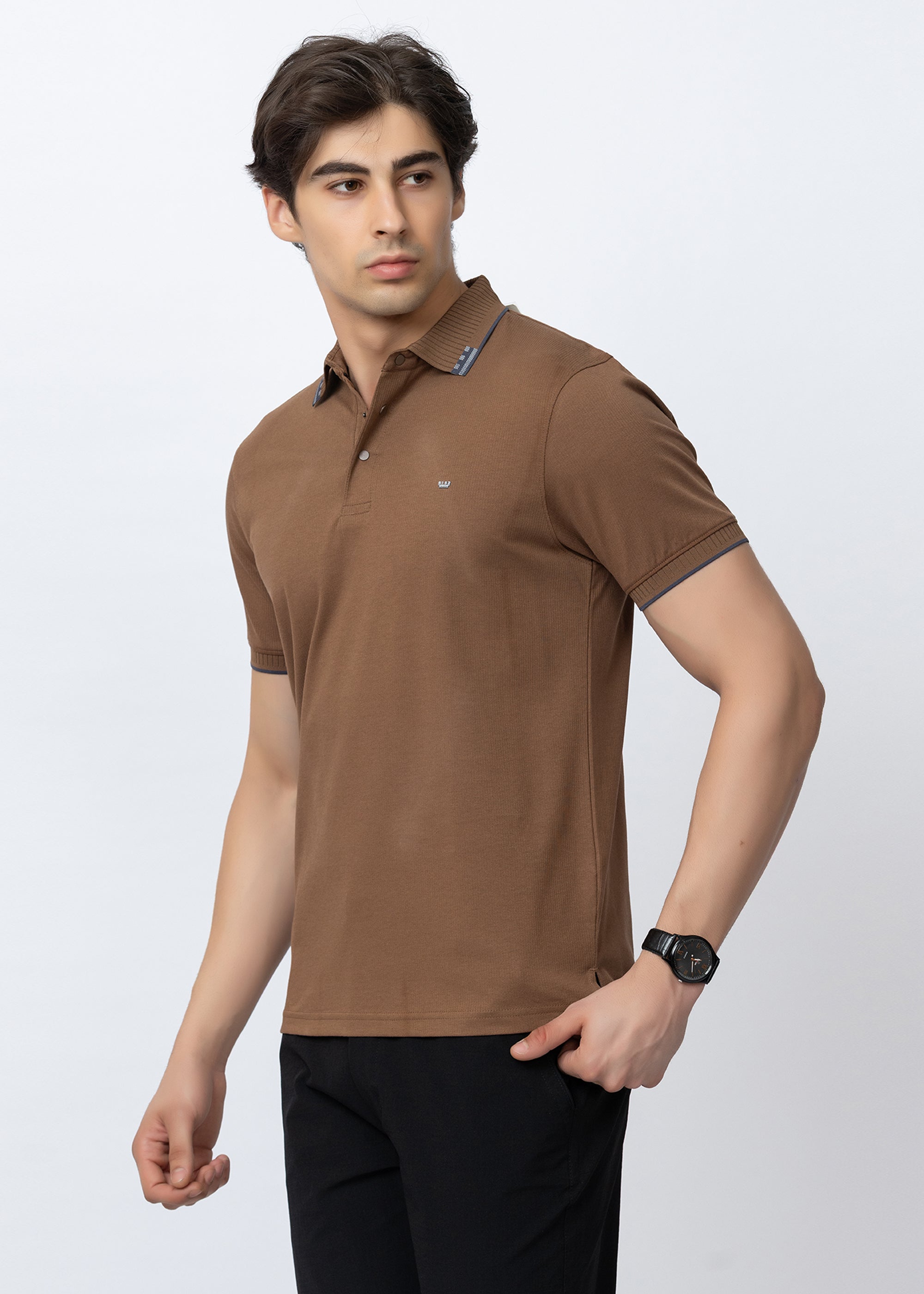 Tan Geometric Trim Polo T-Shirt
