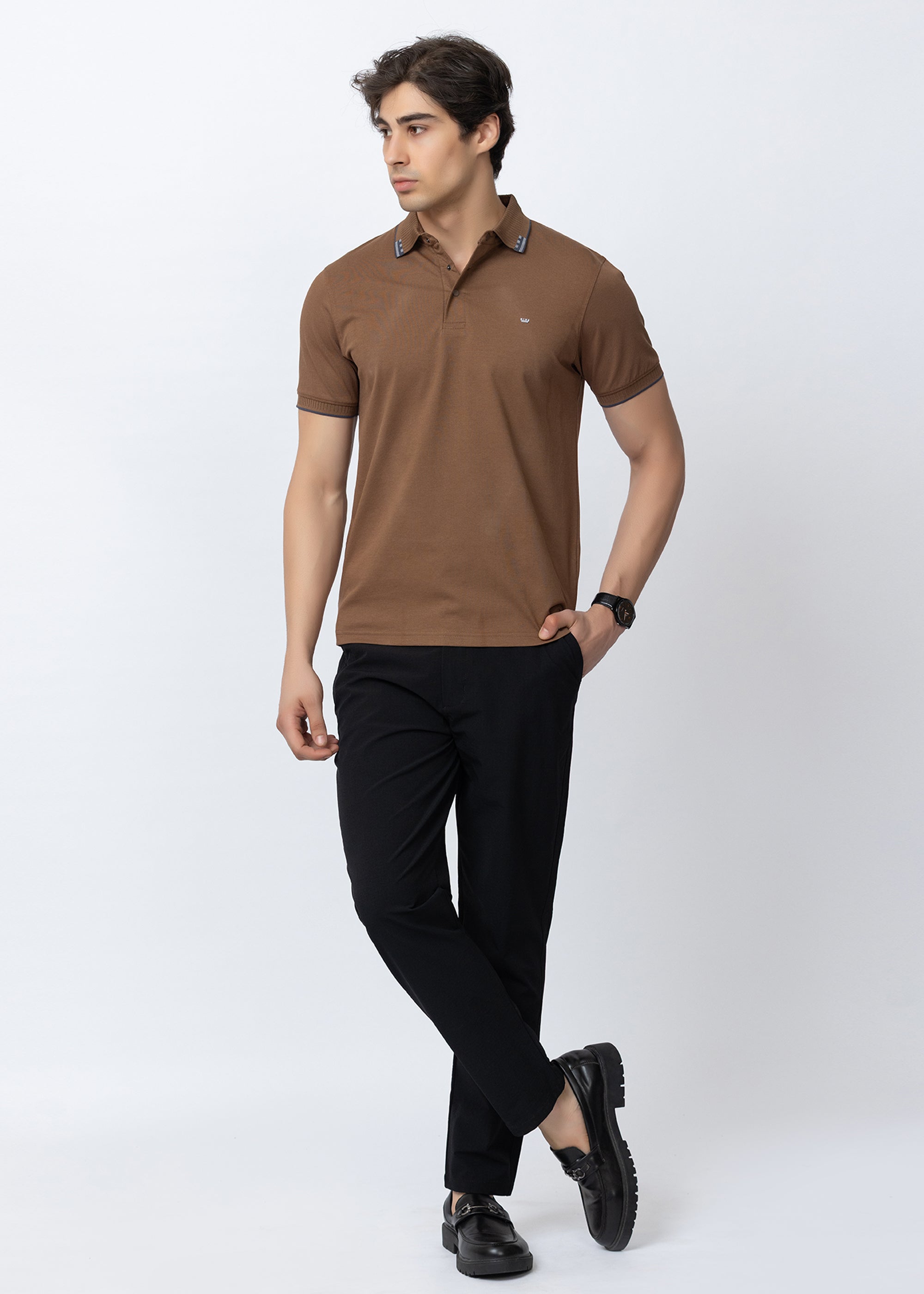 Tan Geometric Trim Polo T-Shirt