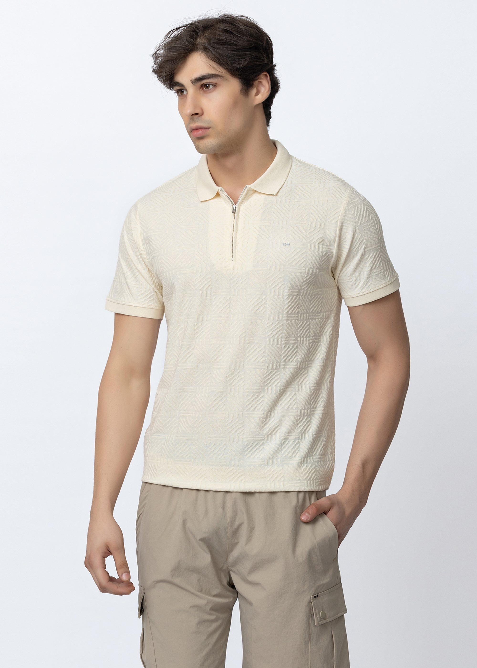Off White Textured Zipper Polo Shirt