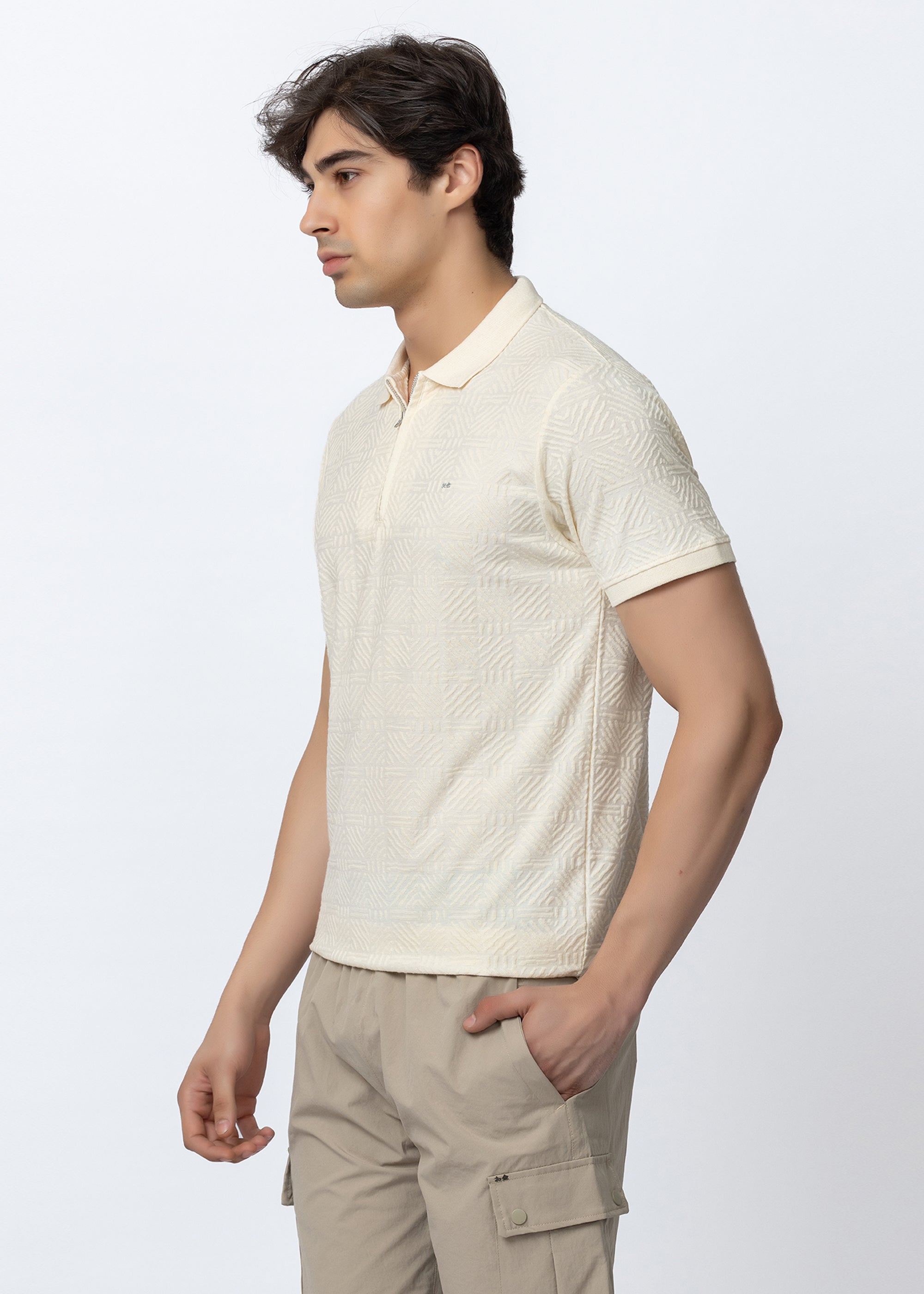 Off White Textured Zipper Polo Shirt