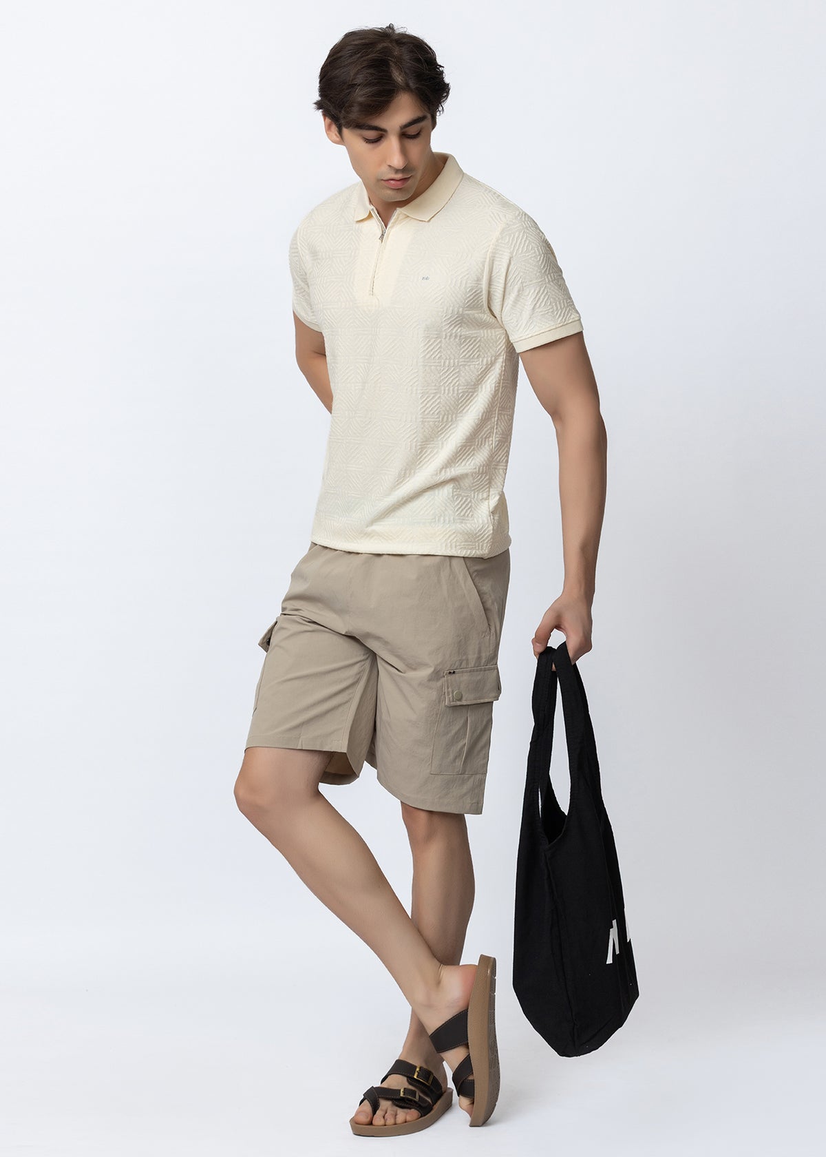 Off White Textured Zipper Polo Shirt