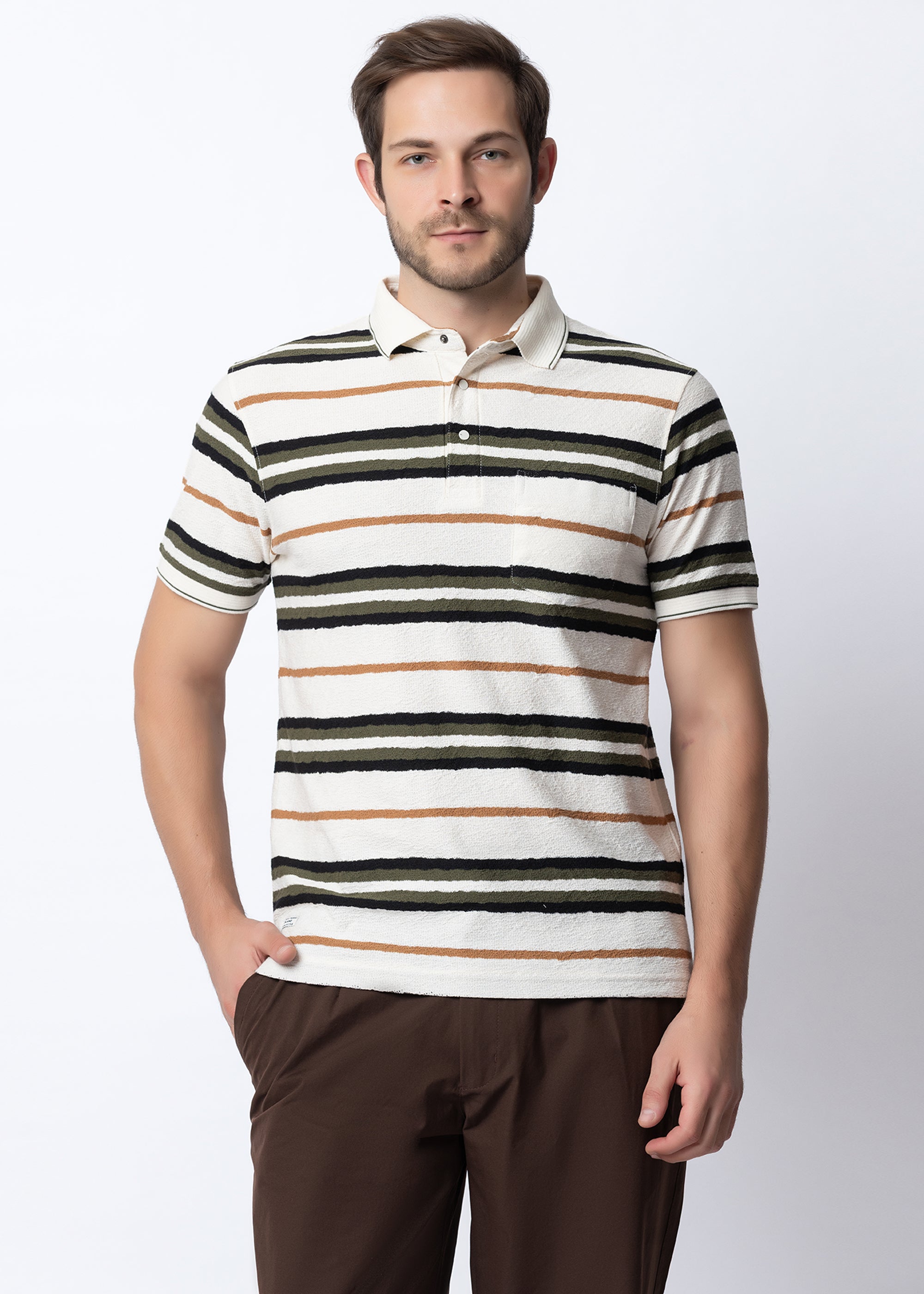 Cream Textured Multi-Striped Polo T-Shirt
