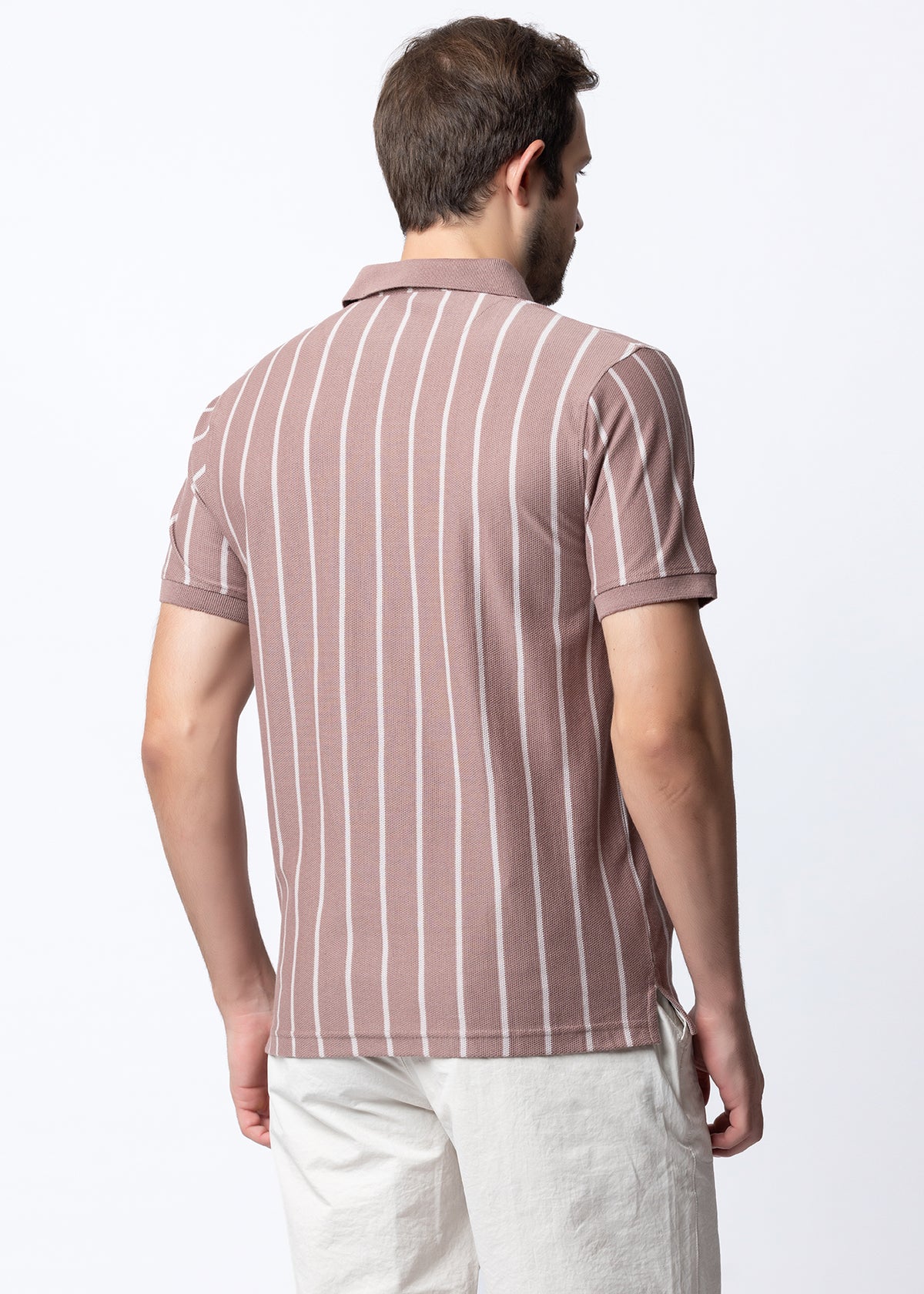 Vertical Striped Textured Knit Polo T-Shirt