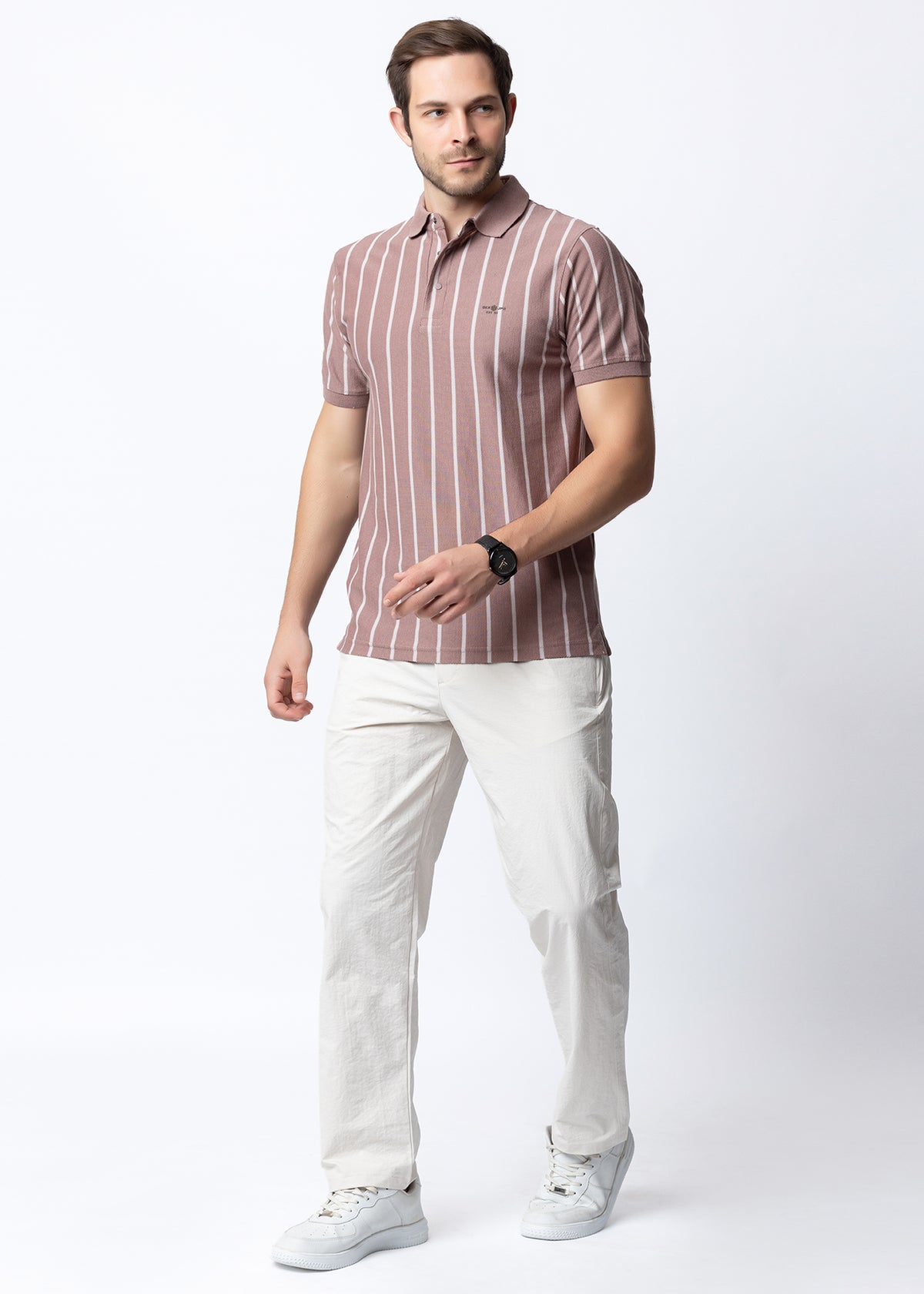 Vertical Striped Textured Knit Polo T-Shirt
