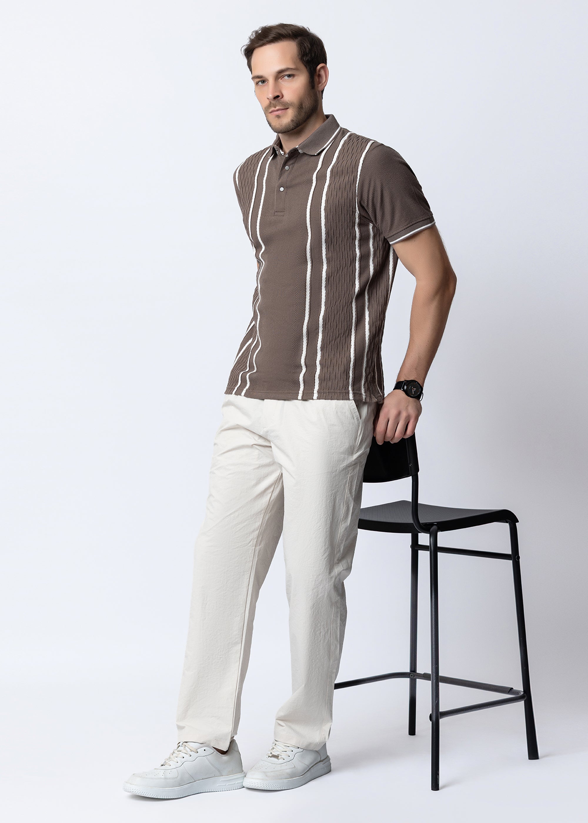 Stone Vertical Striped Textured Knit Polo T-Shirt