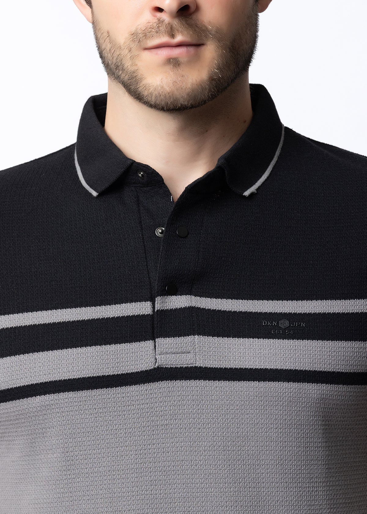 Black & Grey Contrast Stripe Knit Polo Shirt