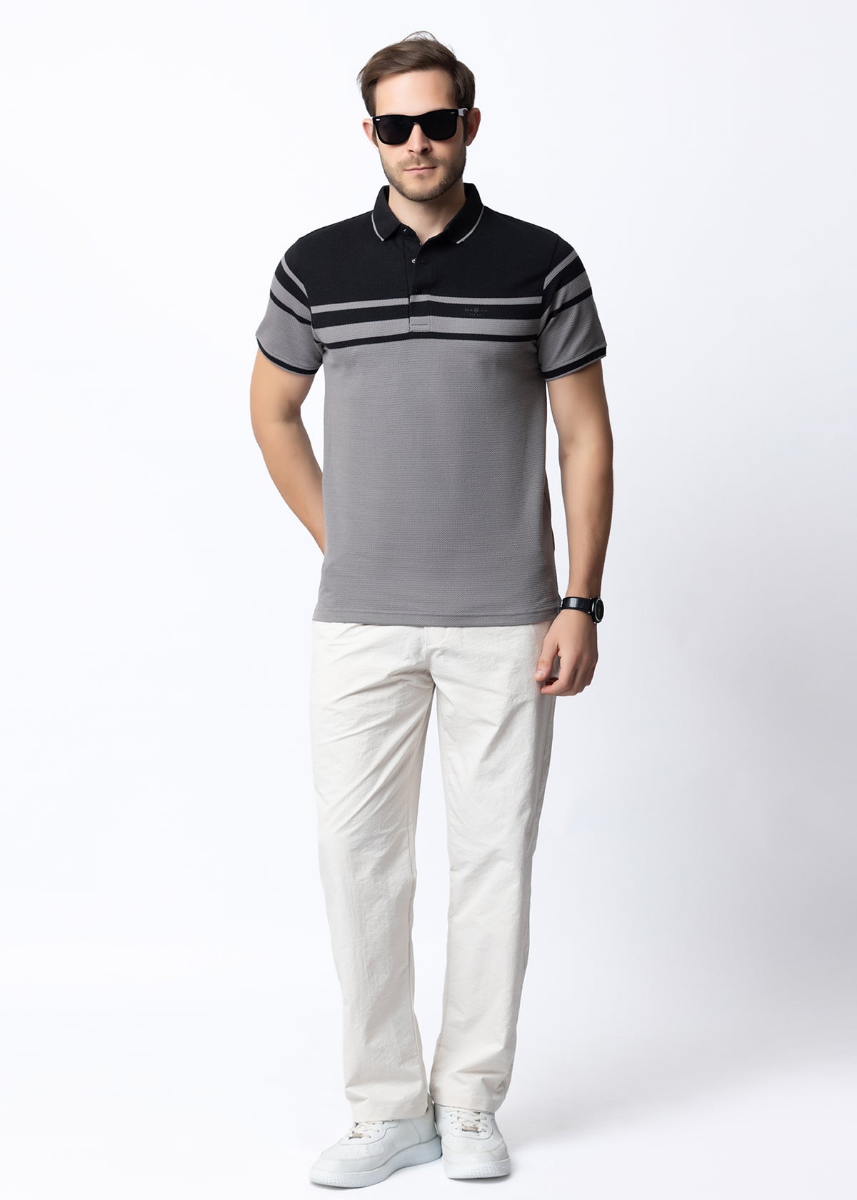 Black & Grey Contrast Stripe Knit Polo Shirt