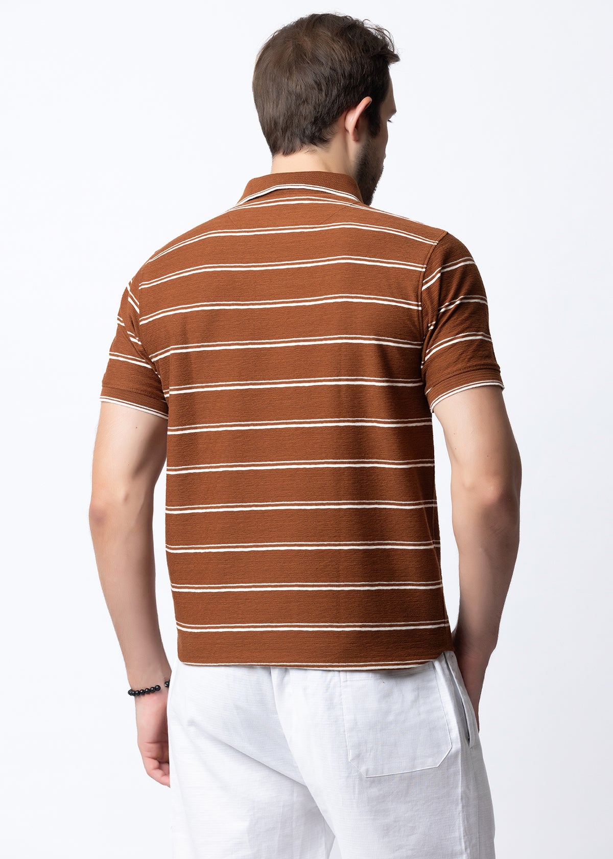 Tan Striped Knit Polo T-Shirt