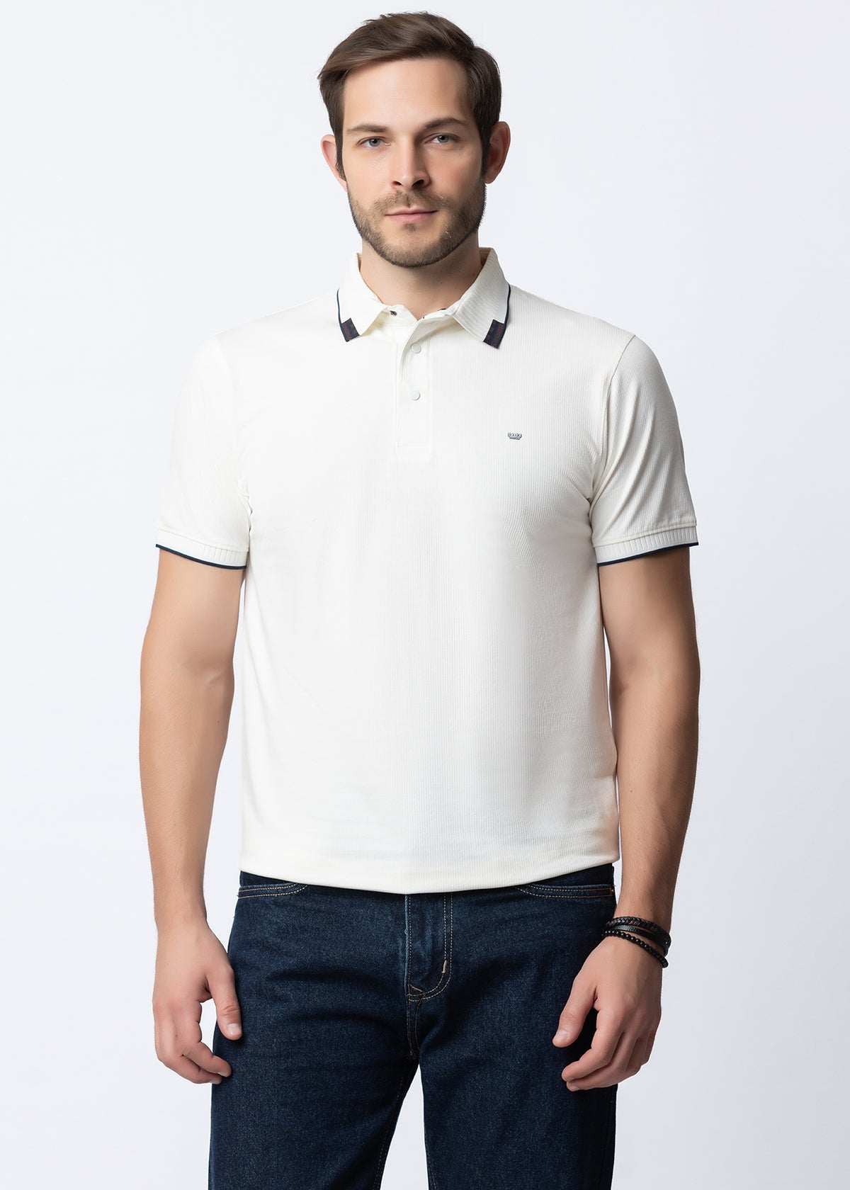 White Geometric Trim Polo T-Shirt