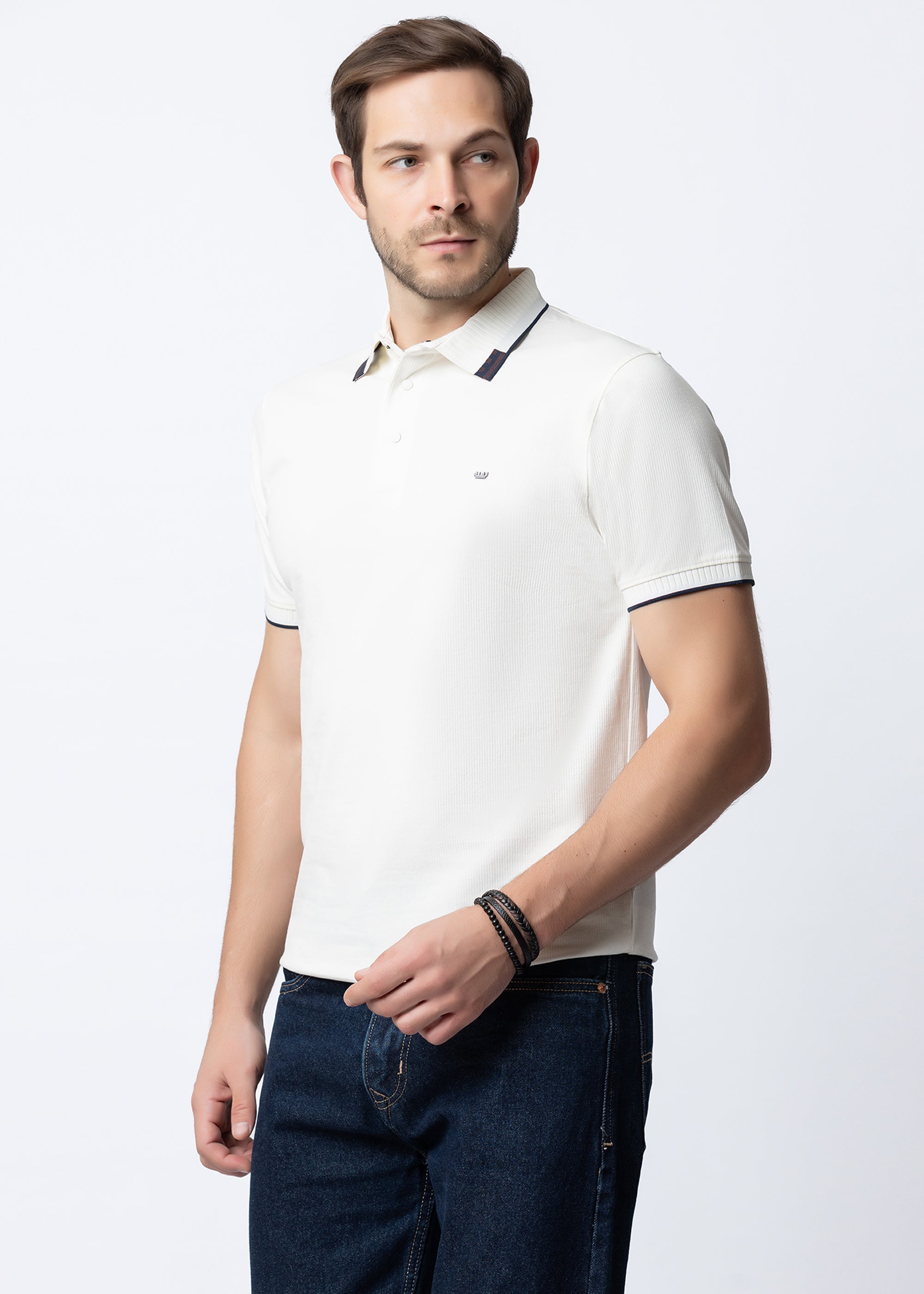 White Geometric Trim Polo T-Shirt