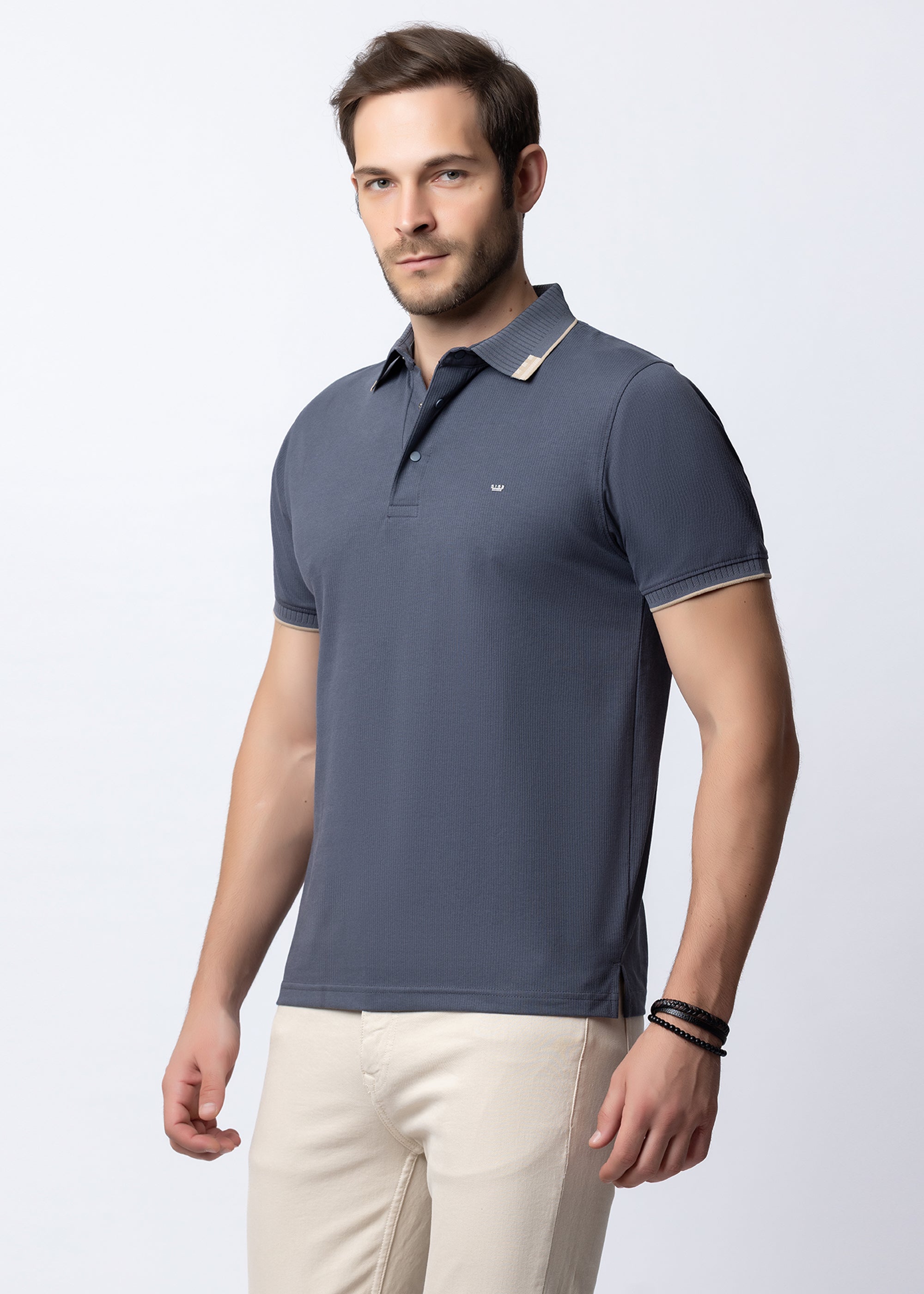D.Grey Geometric Trim Polo T-Shirt