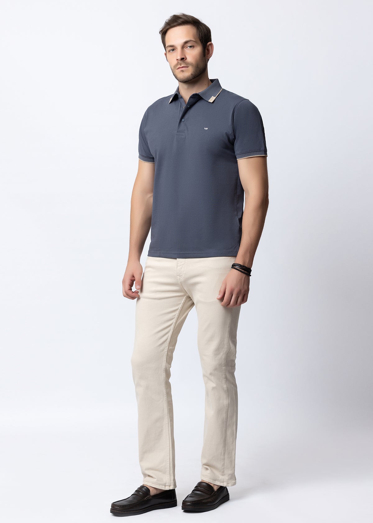 D.Grey Geometric Trim Polo T-Shirt