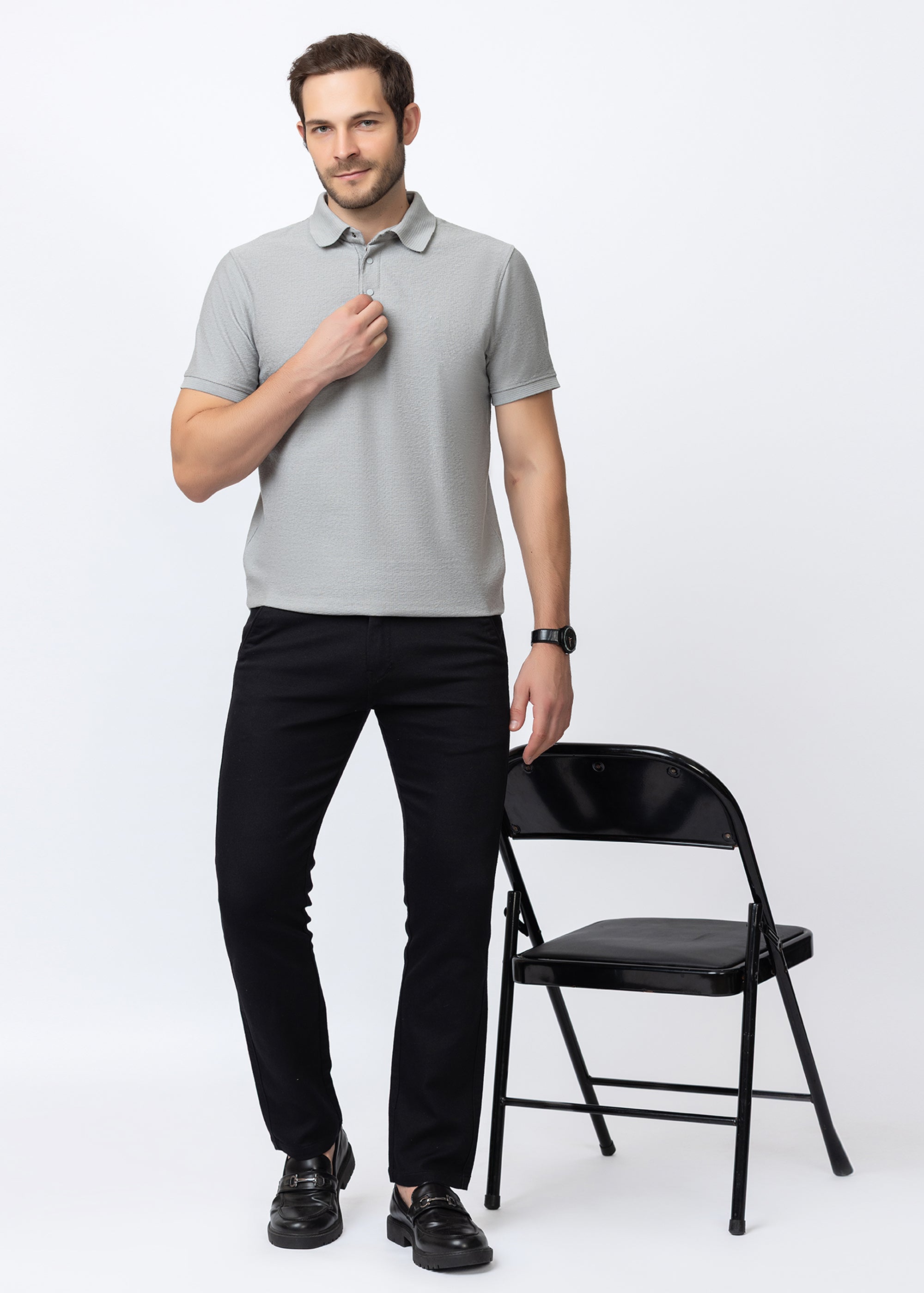 Grey Textured Cotton Polo T-Shirt