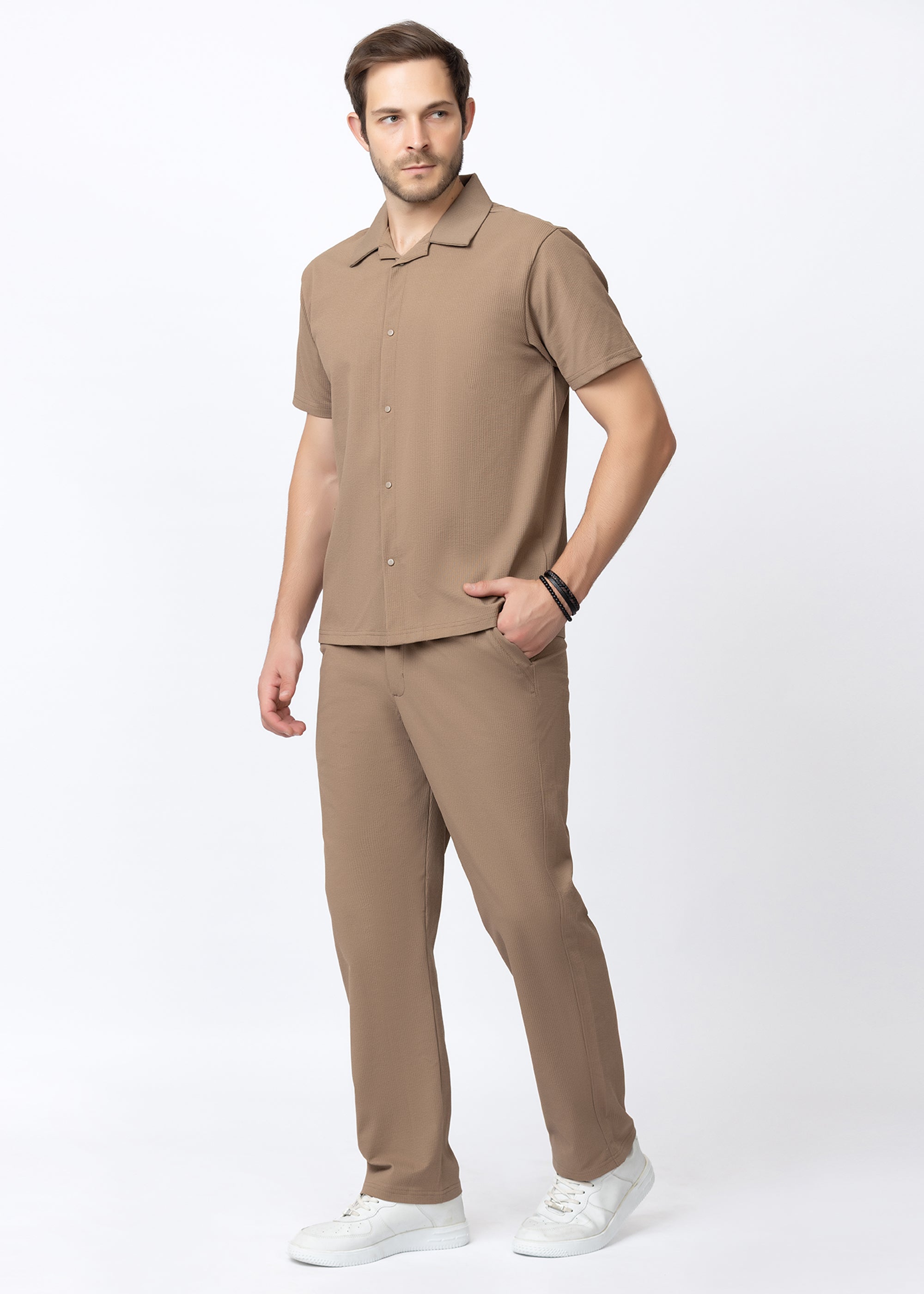 Beige Textured Cuban Collar Co-Ord Set