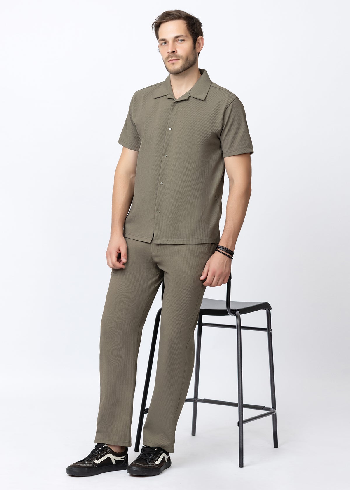 Olive Textured Cuban Collar Co-Ord Set