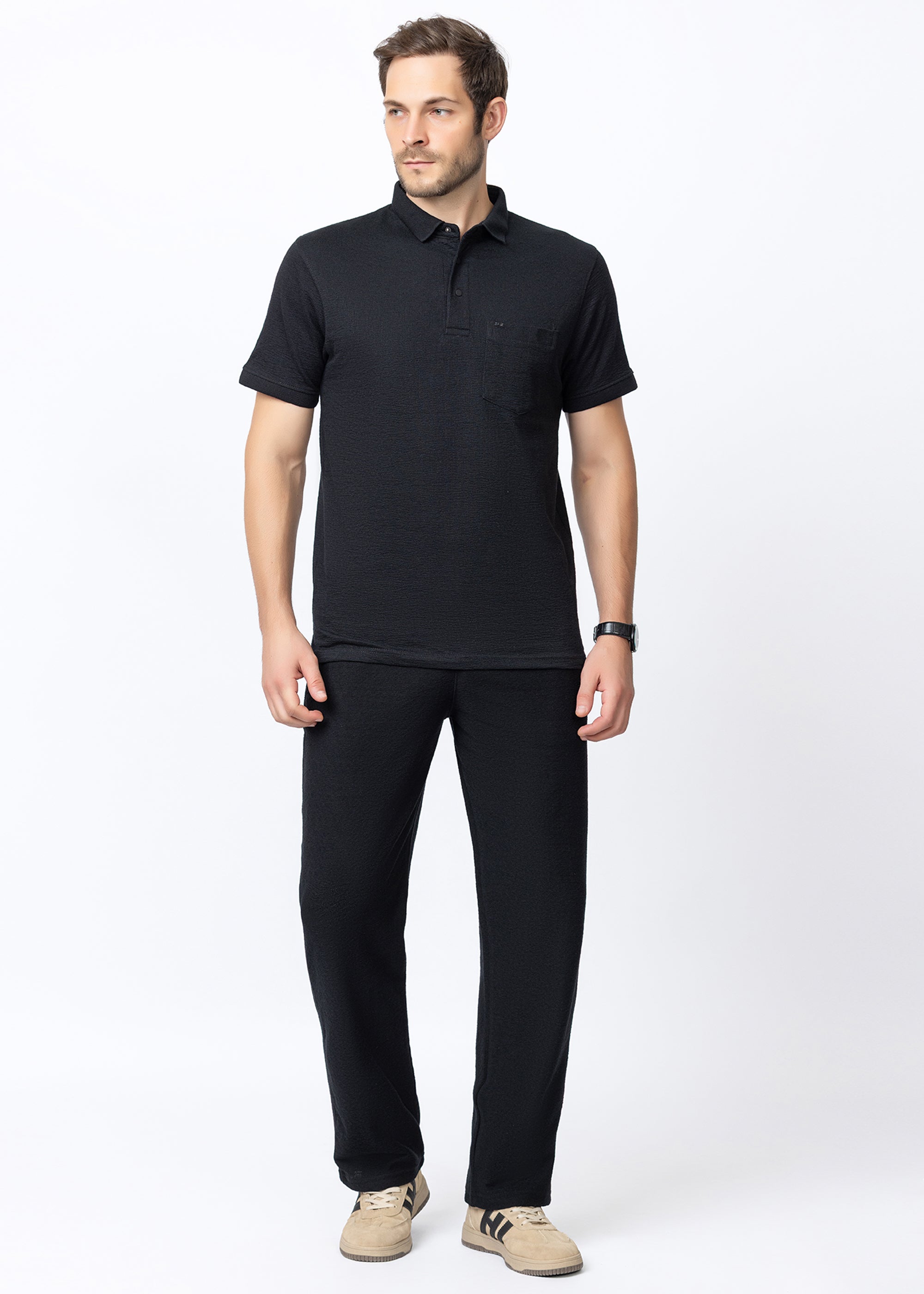 BLACK Textured Polo Co-ord Set