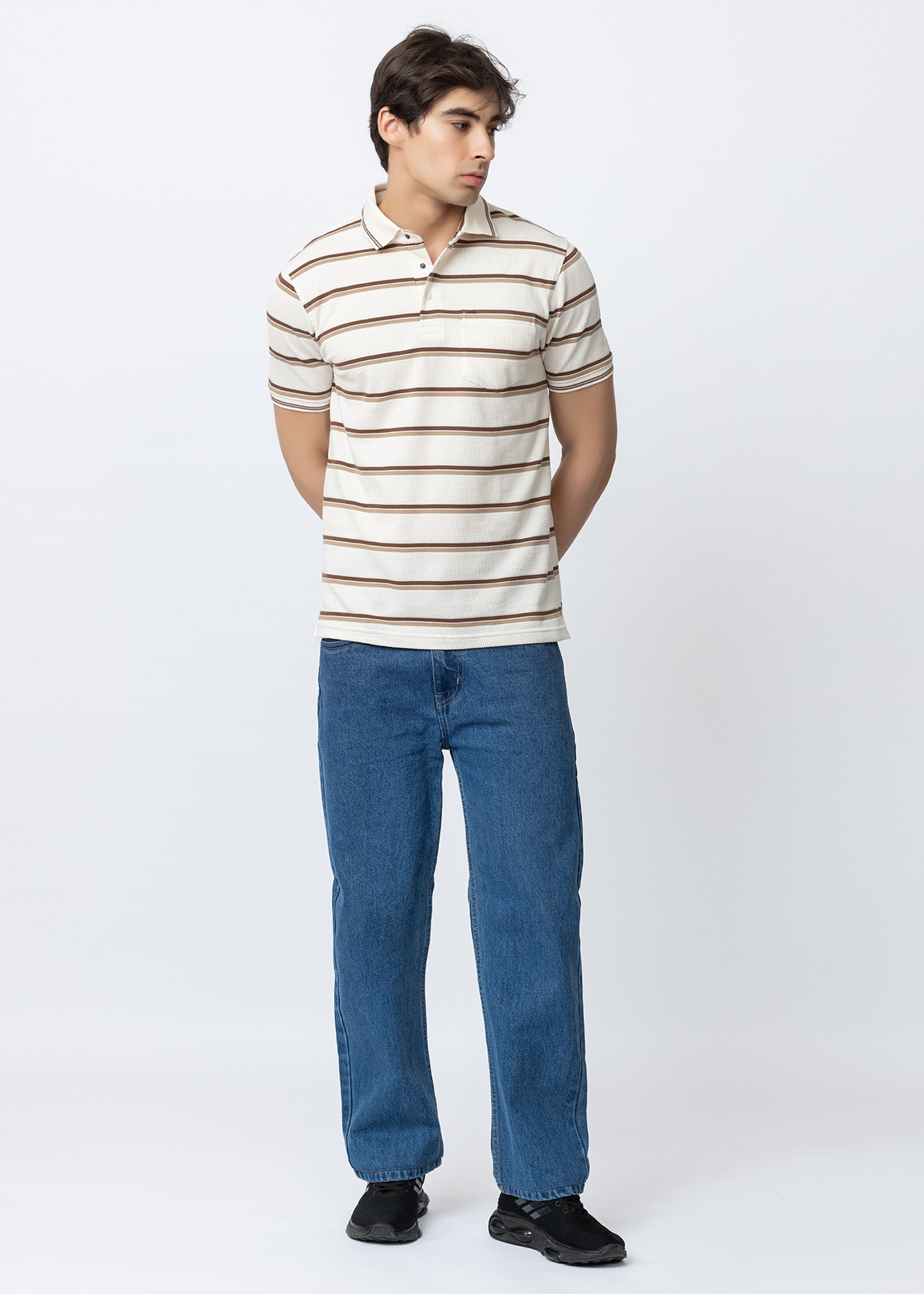 Brown Horizontal Stripe Textured Polo T-Shirt
