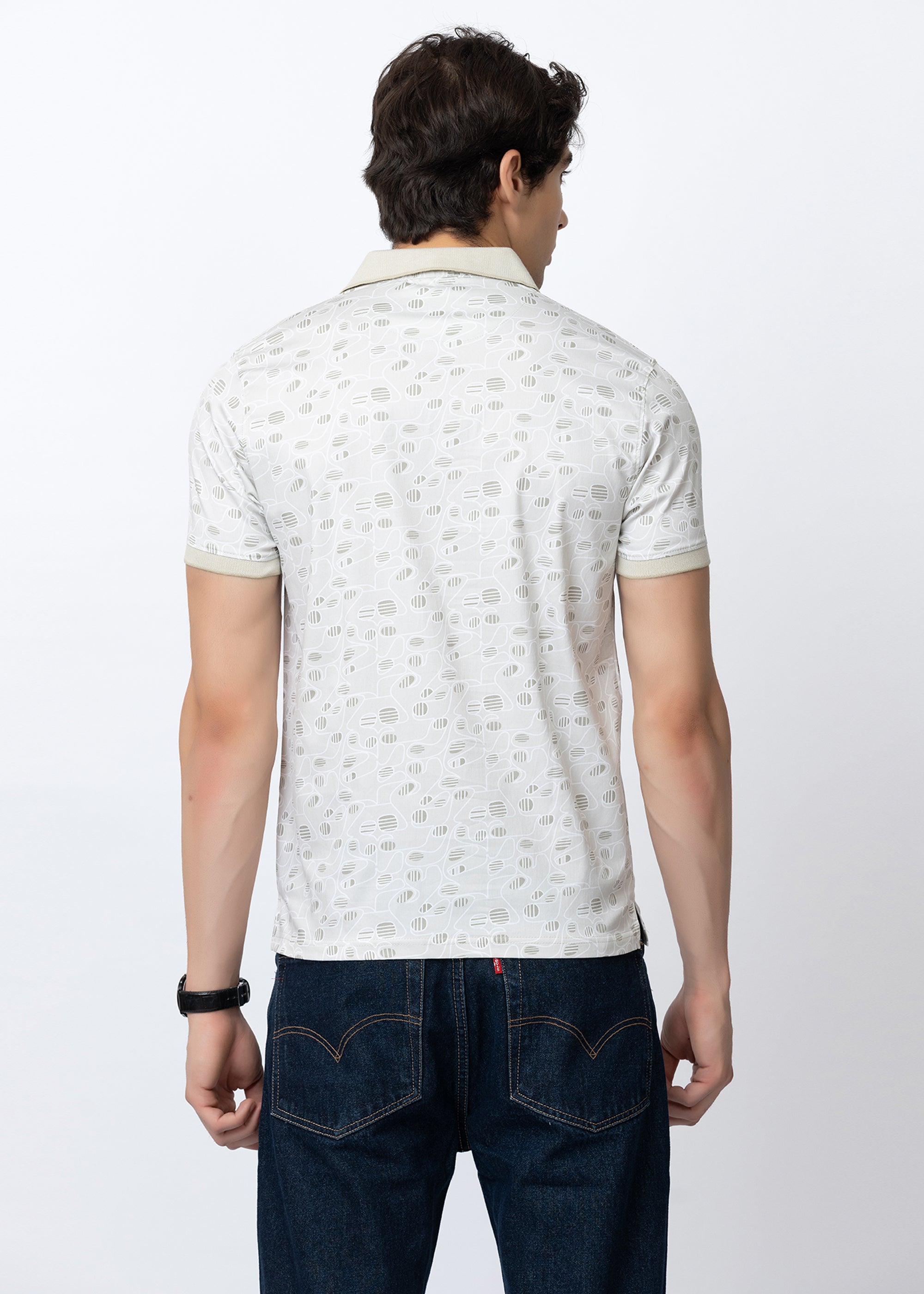Grey Geometric Printed Polo T-Shirt
