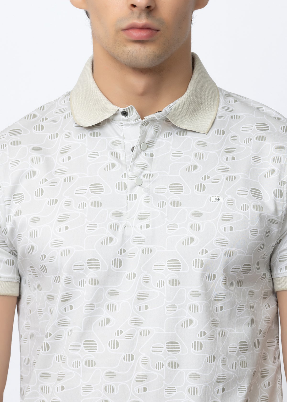 Grey Geometric Printed Polo T-Shirt